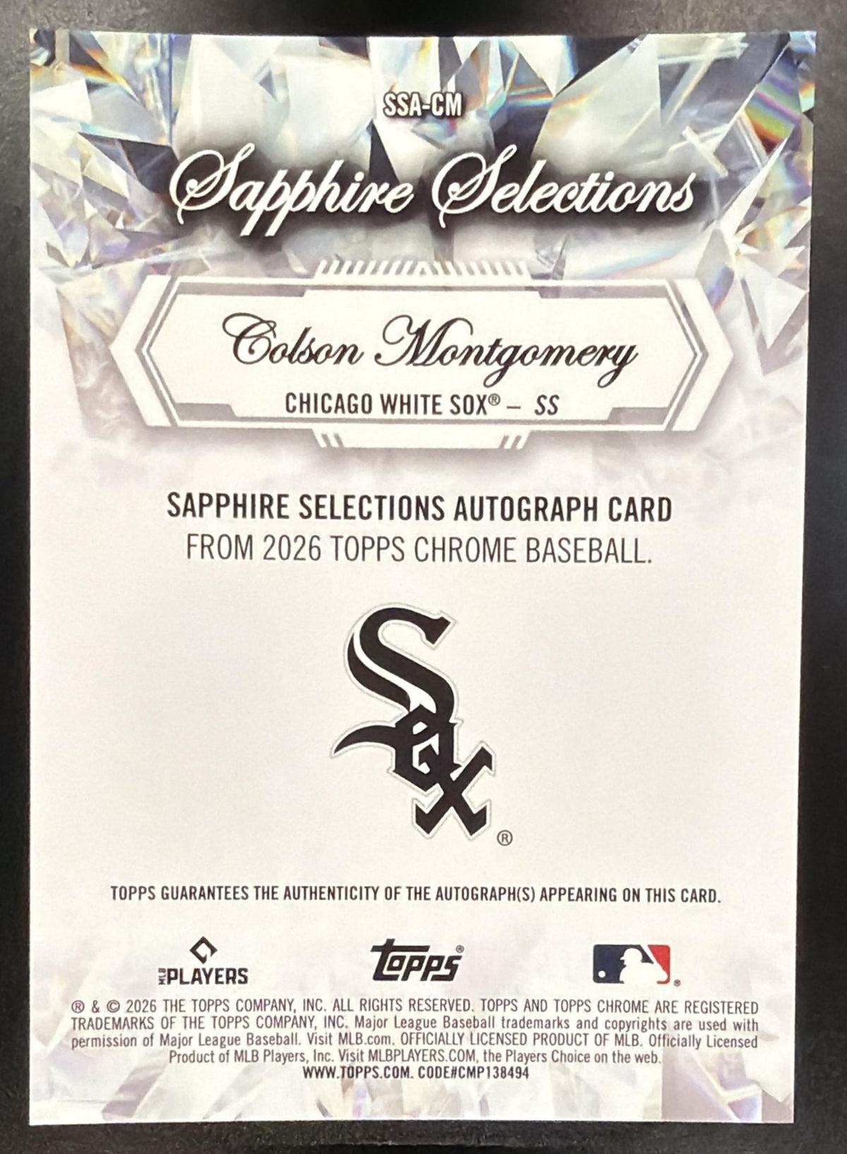 2026 Topps Chrome Sapphire Colson Montgomery #SSA-CM Selections Auto RC