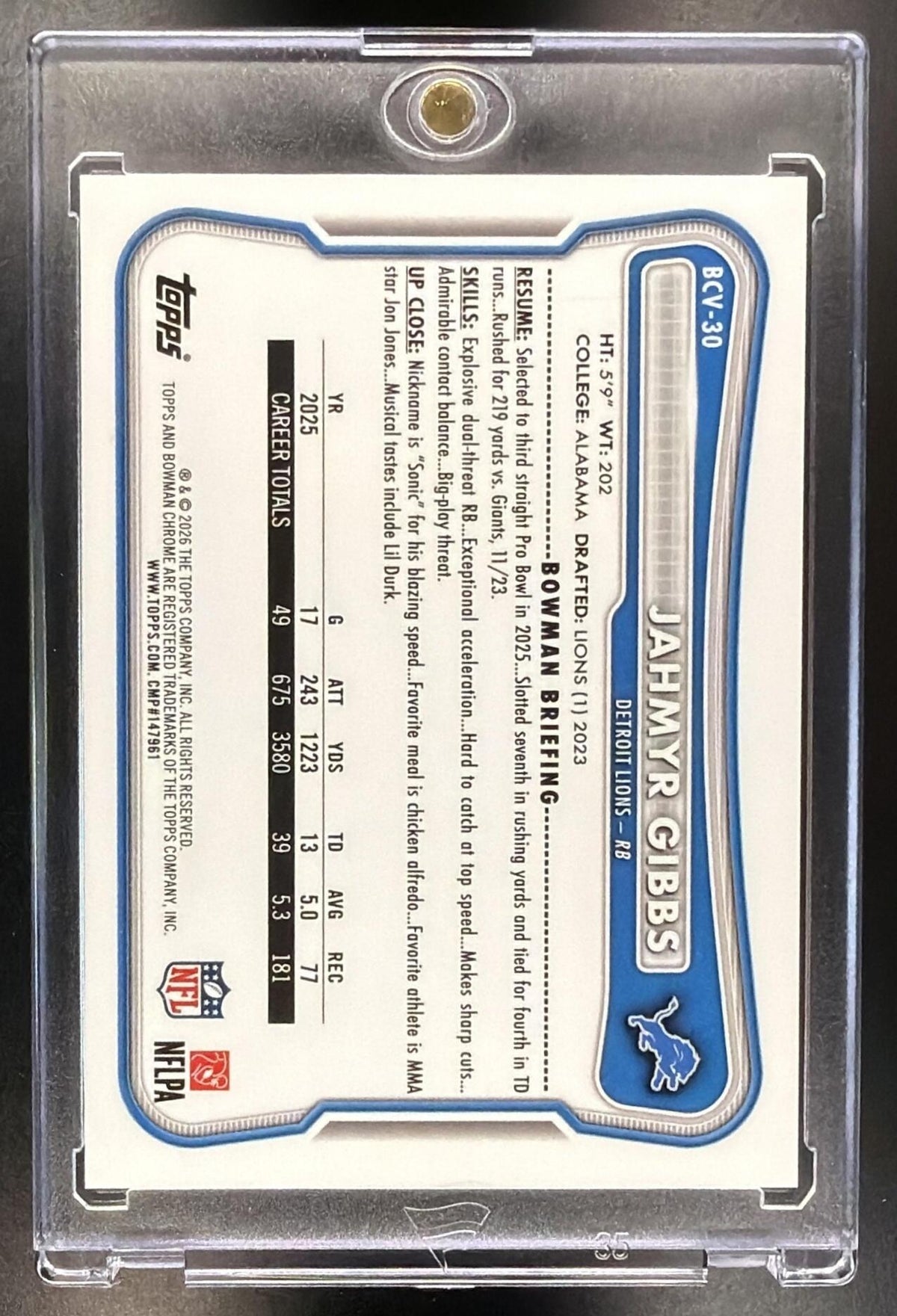 2026 Bowman Jahmyr Gibbs #BCV-30 Chrome NFL Red Lava Refractor 3/5