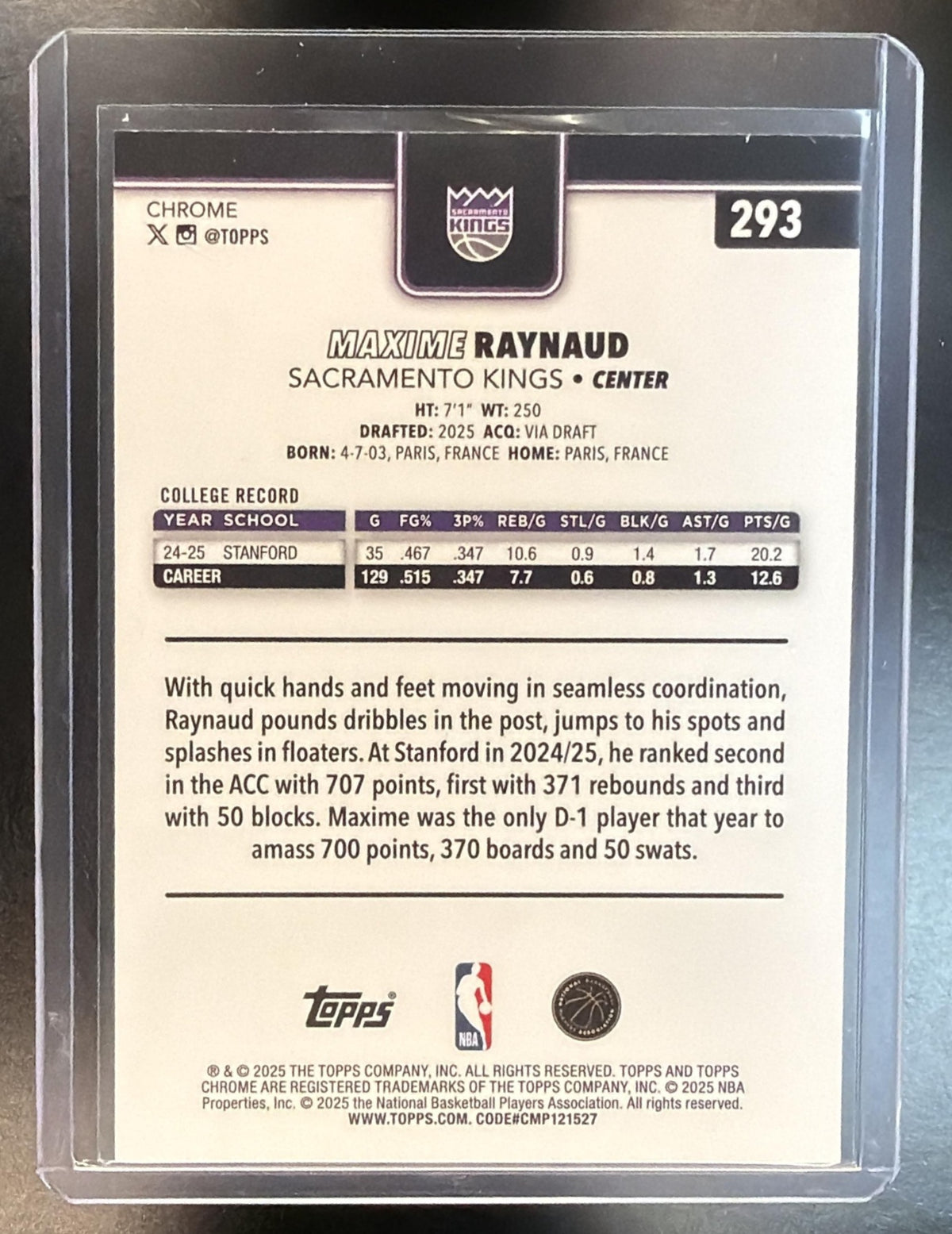 2025 Topps Chrome NBA Maxime Raynaud #293 Purple Raywave 40/75 RC