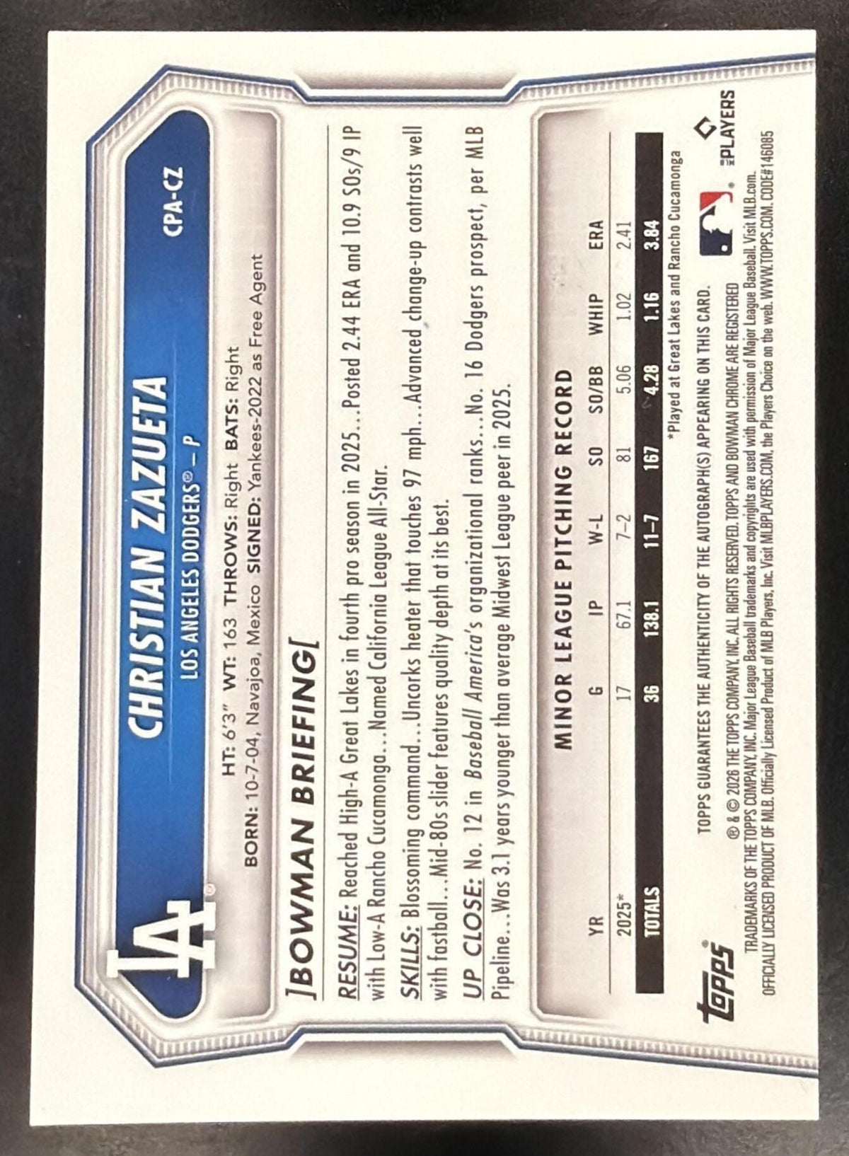 2026 Bowman Chrome Baseball Christian Zazueta #CPA-C2 1st Purple Refractor Auto 123/250