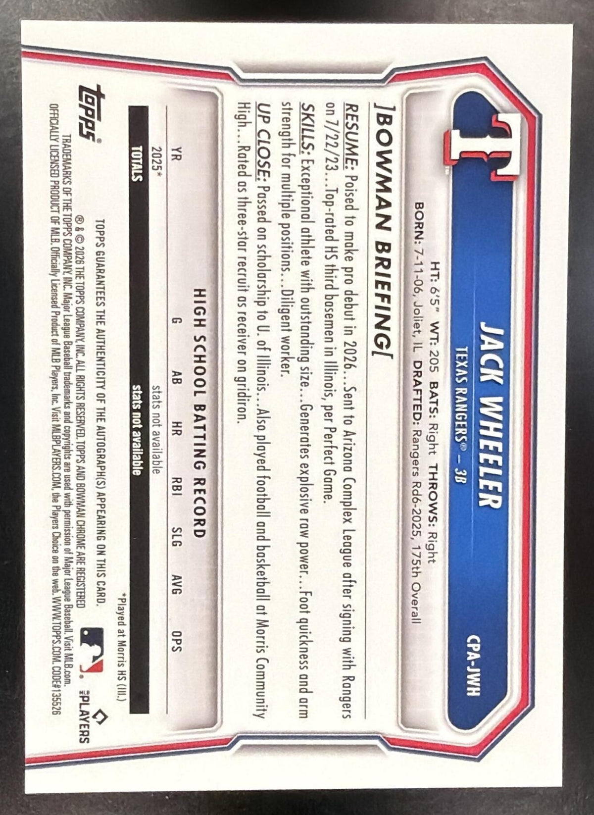 2026 Bowman Jack Wheeler #CPA-JWH Chrome Auto Gold Lava Refractor 29/50 1st Prospect