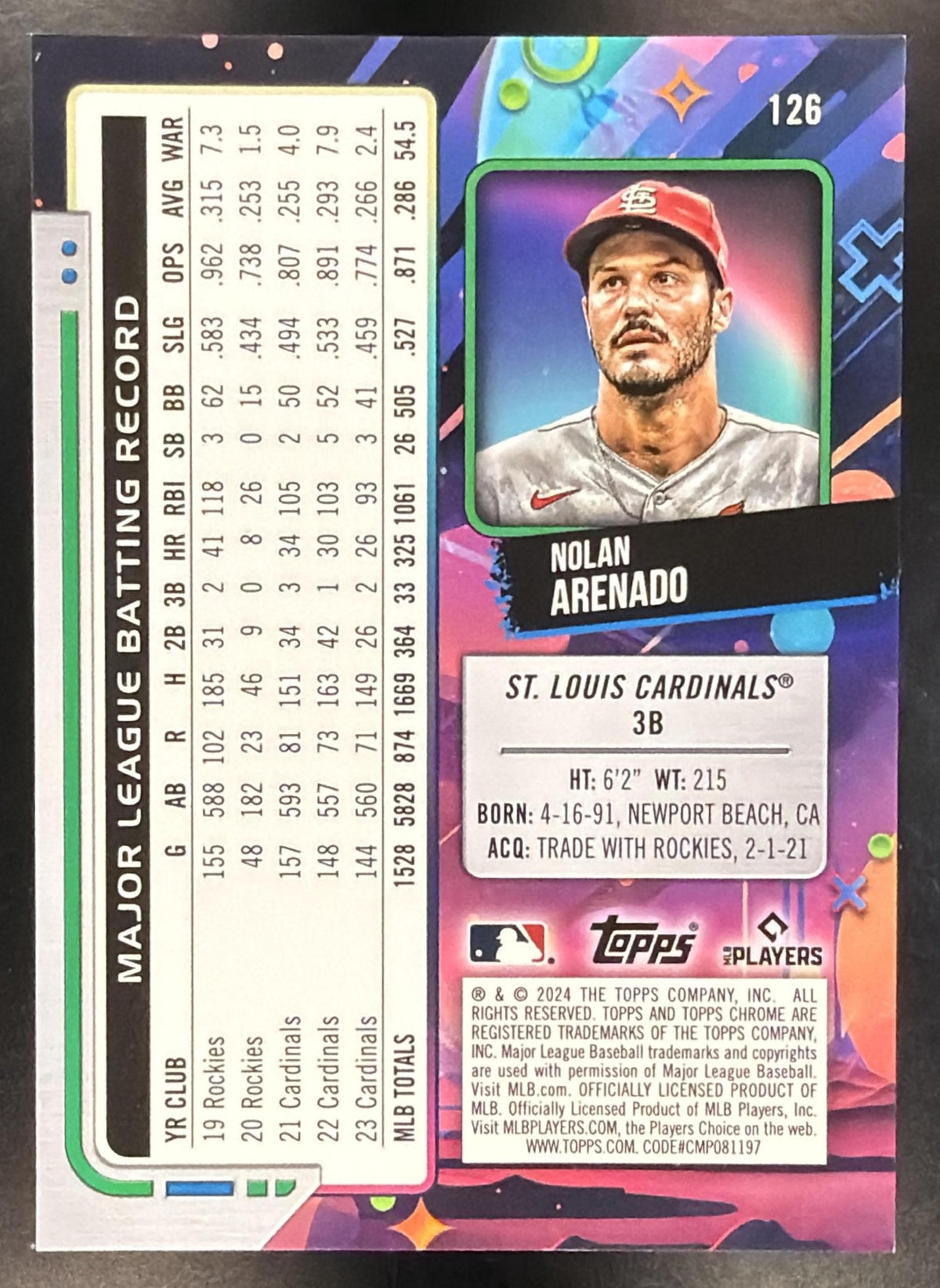 2024 Topps Chrome Cosmic Baseball Nolan Arenado #126 Red Lava Refractor 1/5