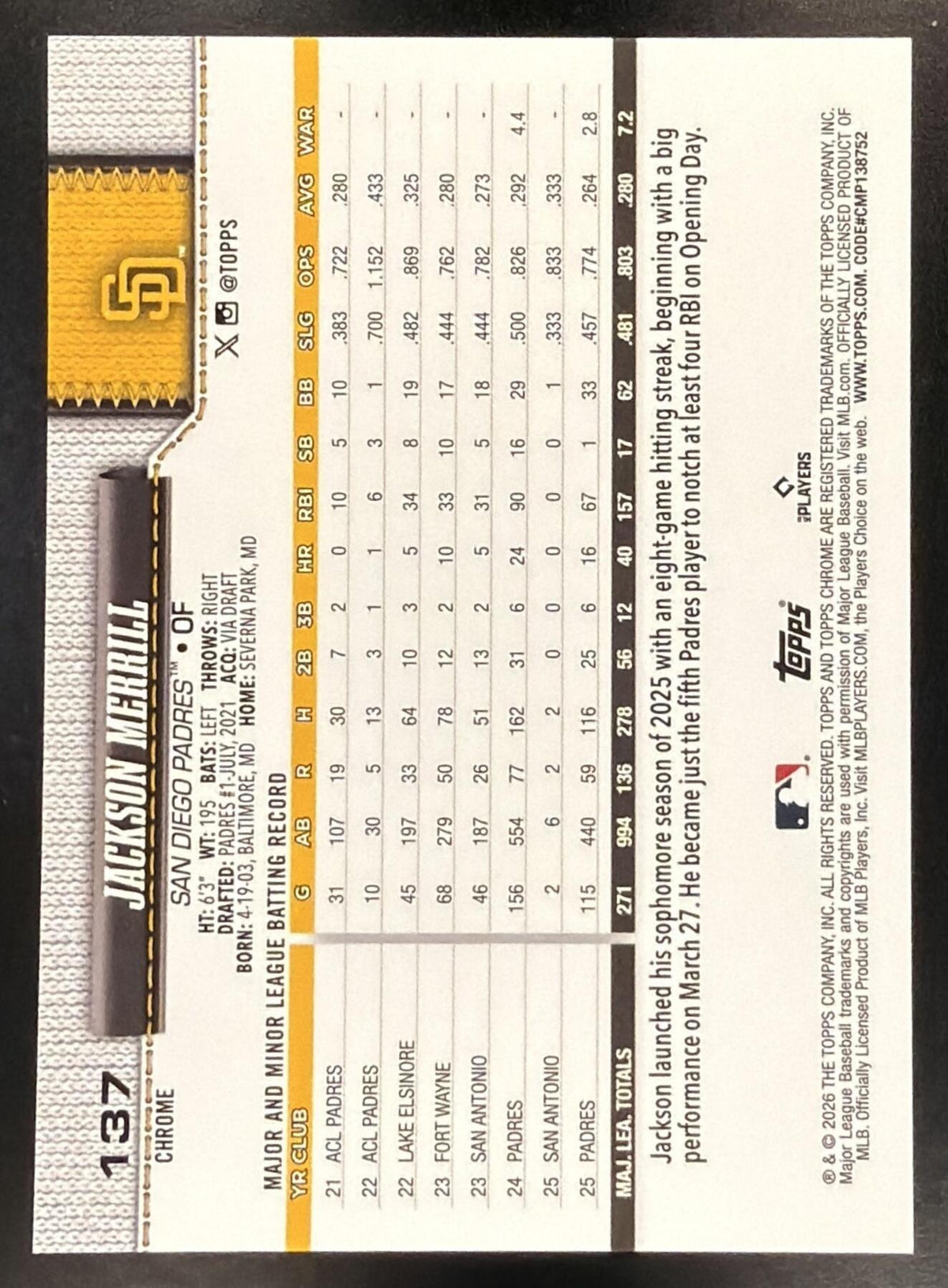 2026 Topps Chrome Sapphire Baseball Jackson Merrill #137 Image Variation Gold 06/50