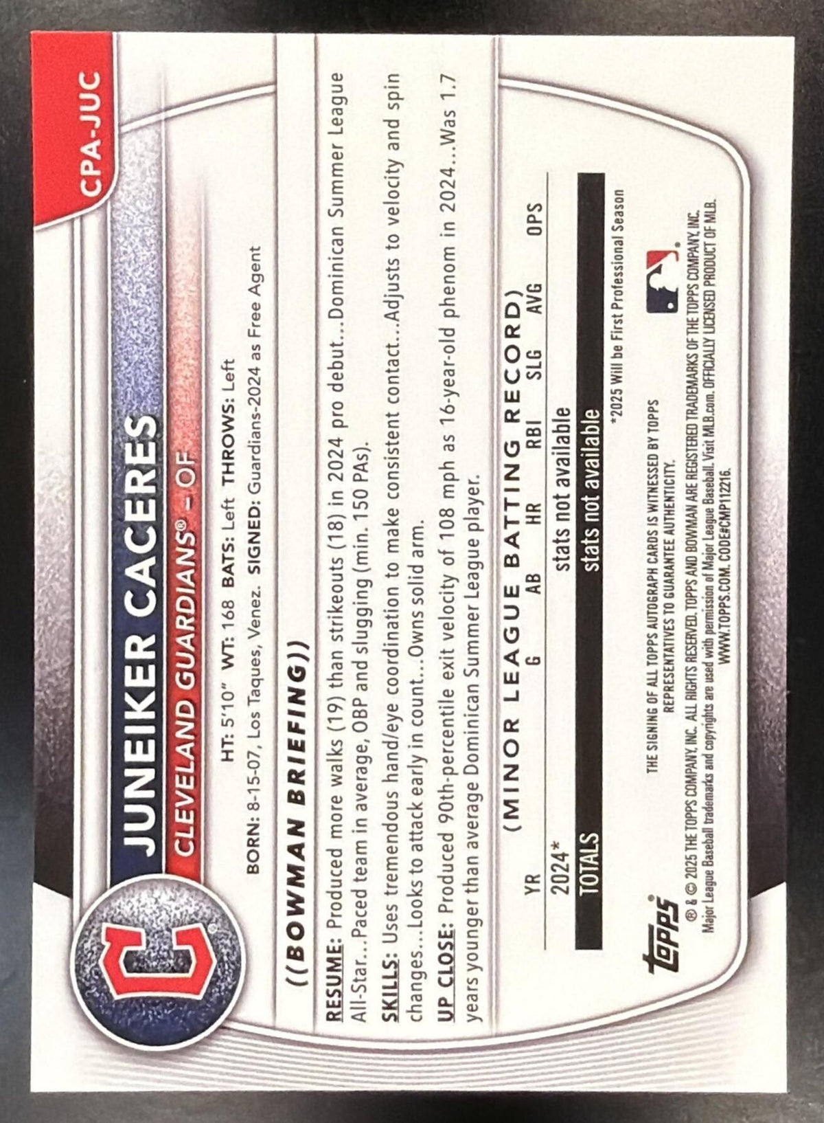2025 Bowman Chrome Juneiker Caceres #CPA-JUC Auto 1st Prospect