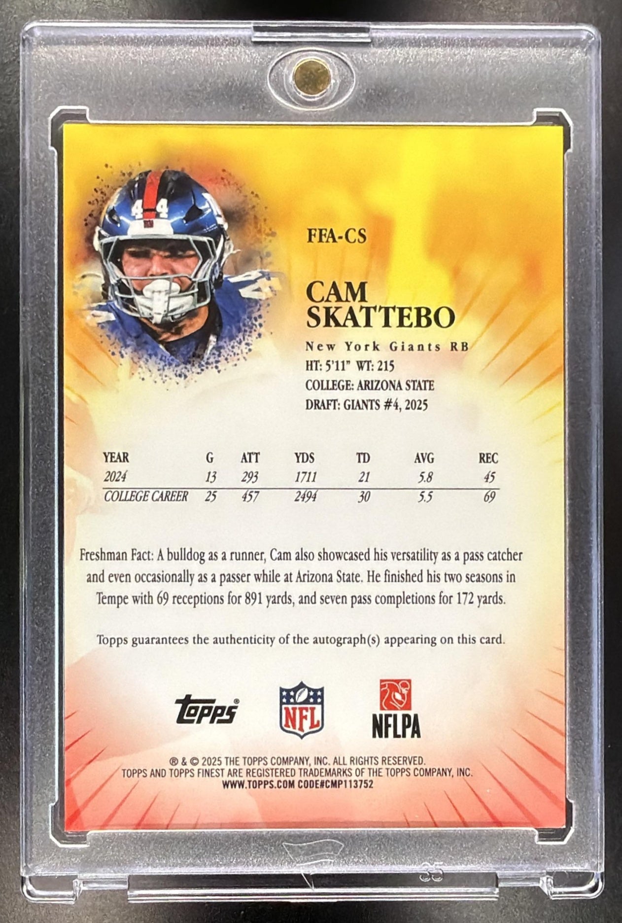 2025 Topps Finest Cam Skattebo #FFA-CS Freshman Auto RC