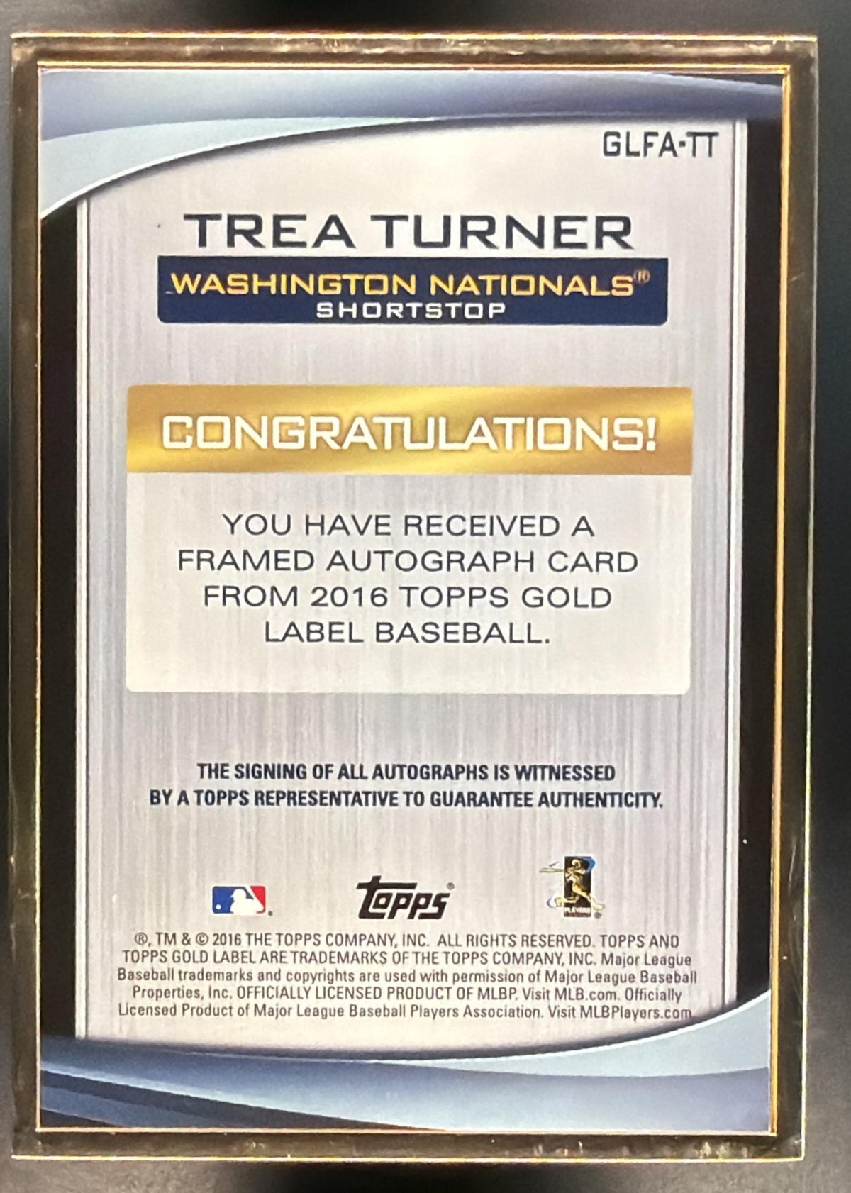 2016 Topps Gold Label Trea Turner #GLFA-TT Framed Auto RC