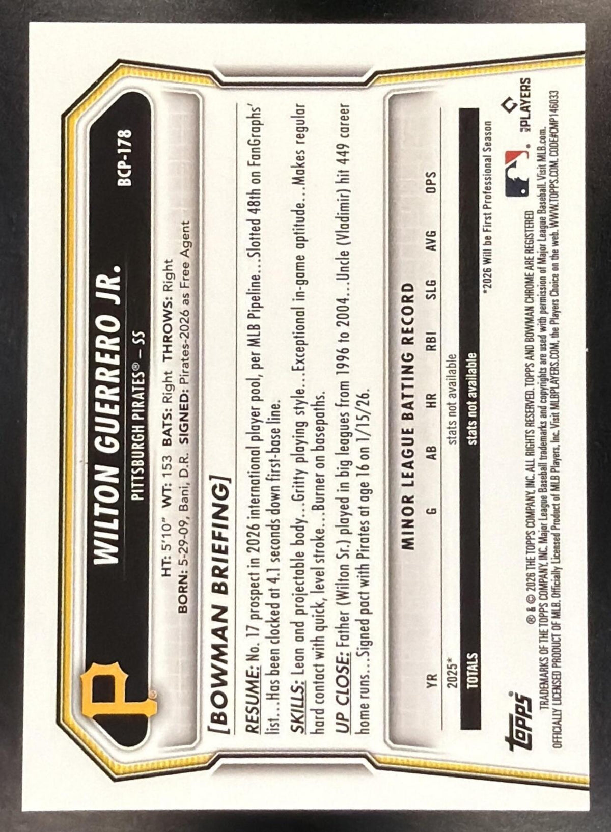 2026 Bowman Chrome Baseball Wilton Guerrero Jr. #BCP-178 1st International Refractor