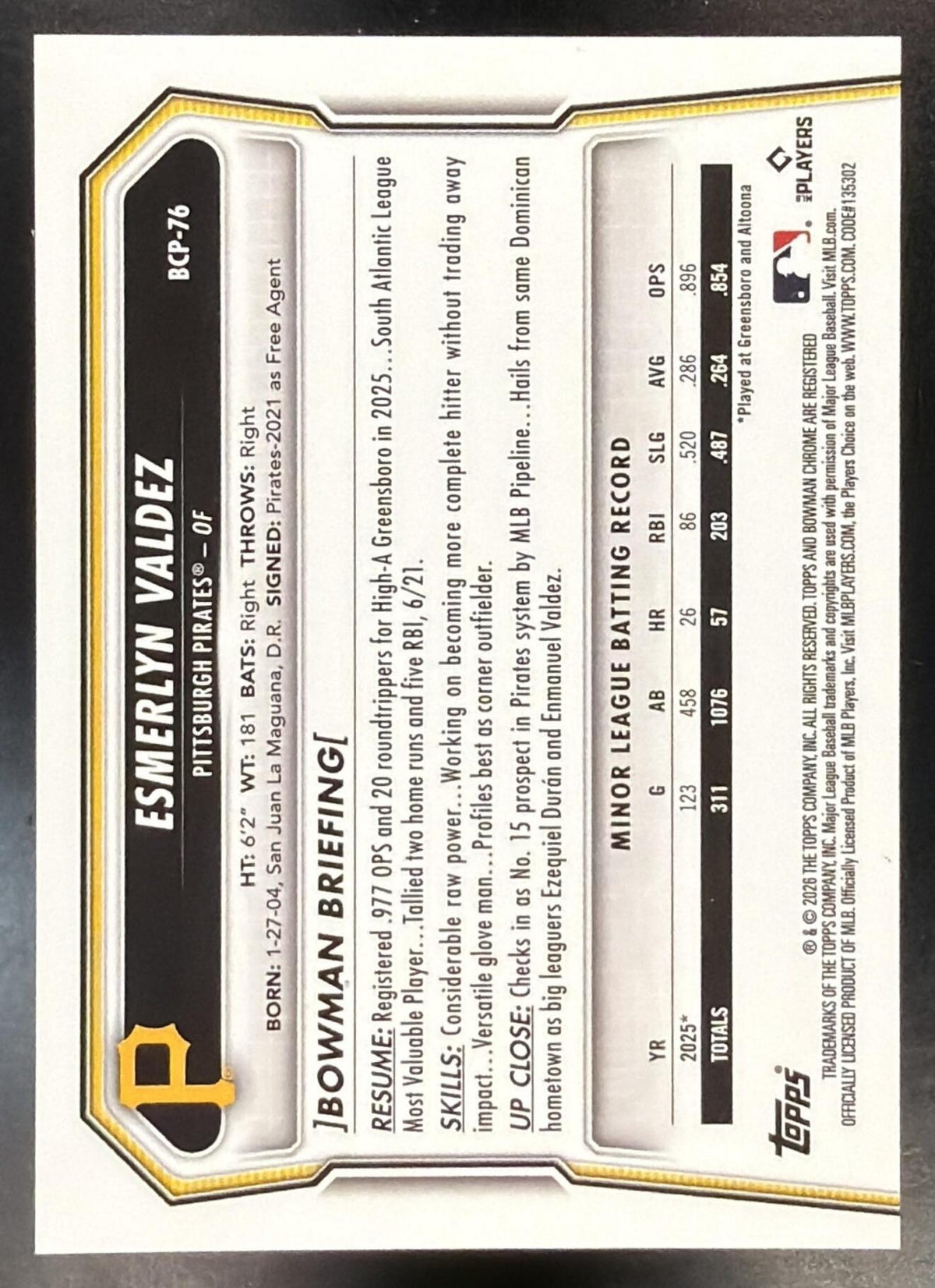 2026 Bowman Sapphire Esmerlyn Valdez #BCP-76 Chrome Prospects Gold Refractor 47/50