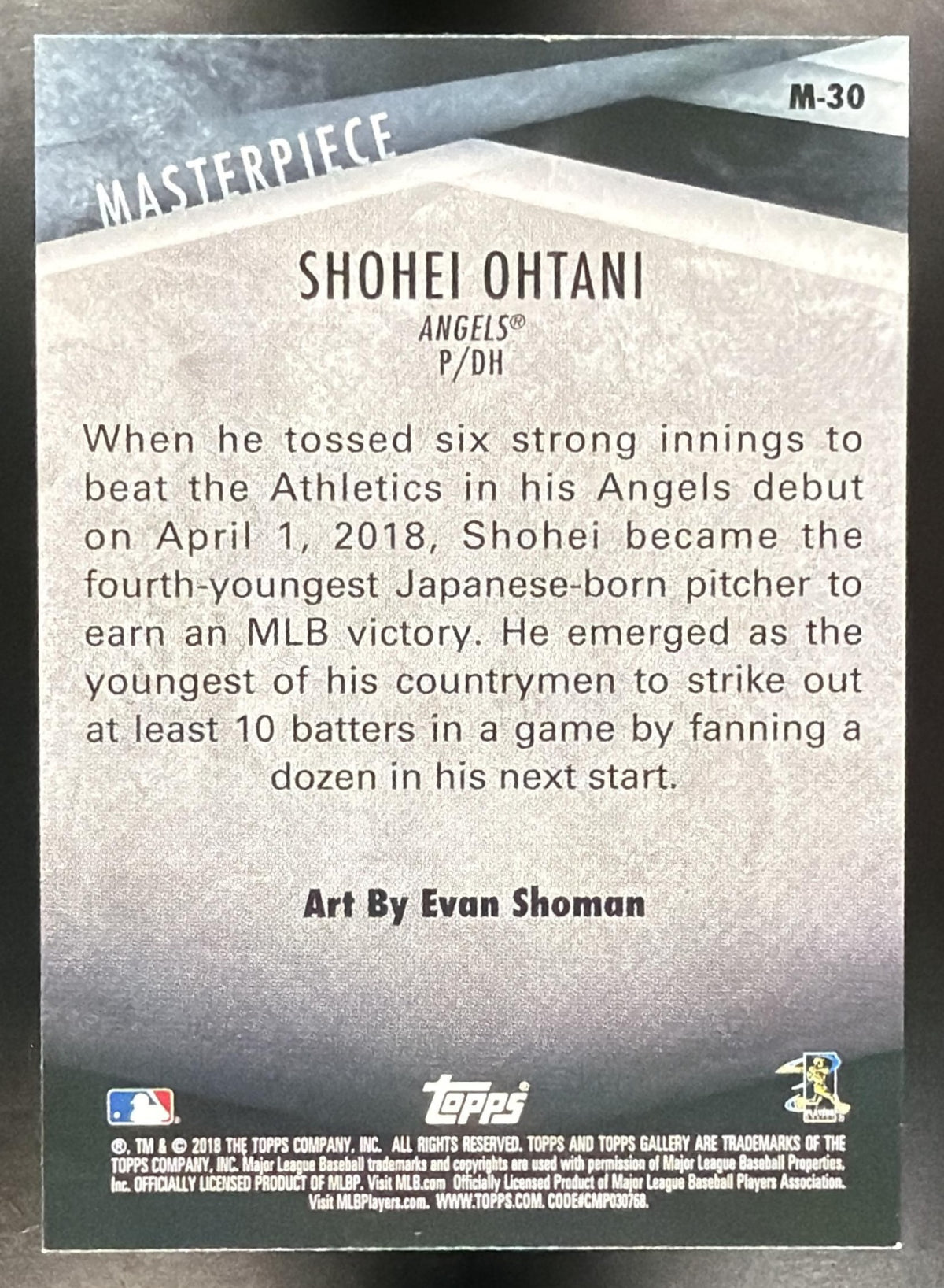 2018 Topps Gallery Shohei Ohtani #M-30 Masterpiece RC