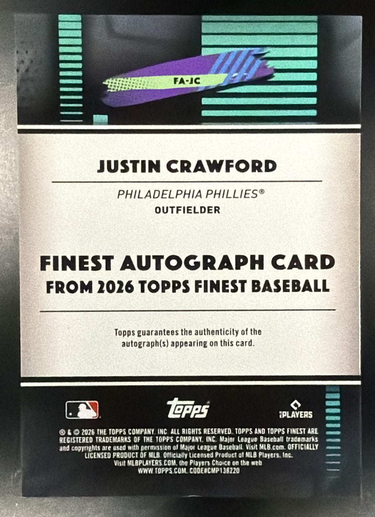 2026 Topps Finest Justin Crawford #FA-JC Auto Orange Refractor 15/25 RC