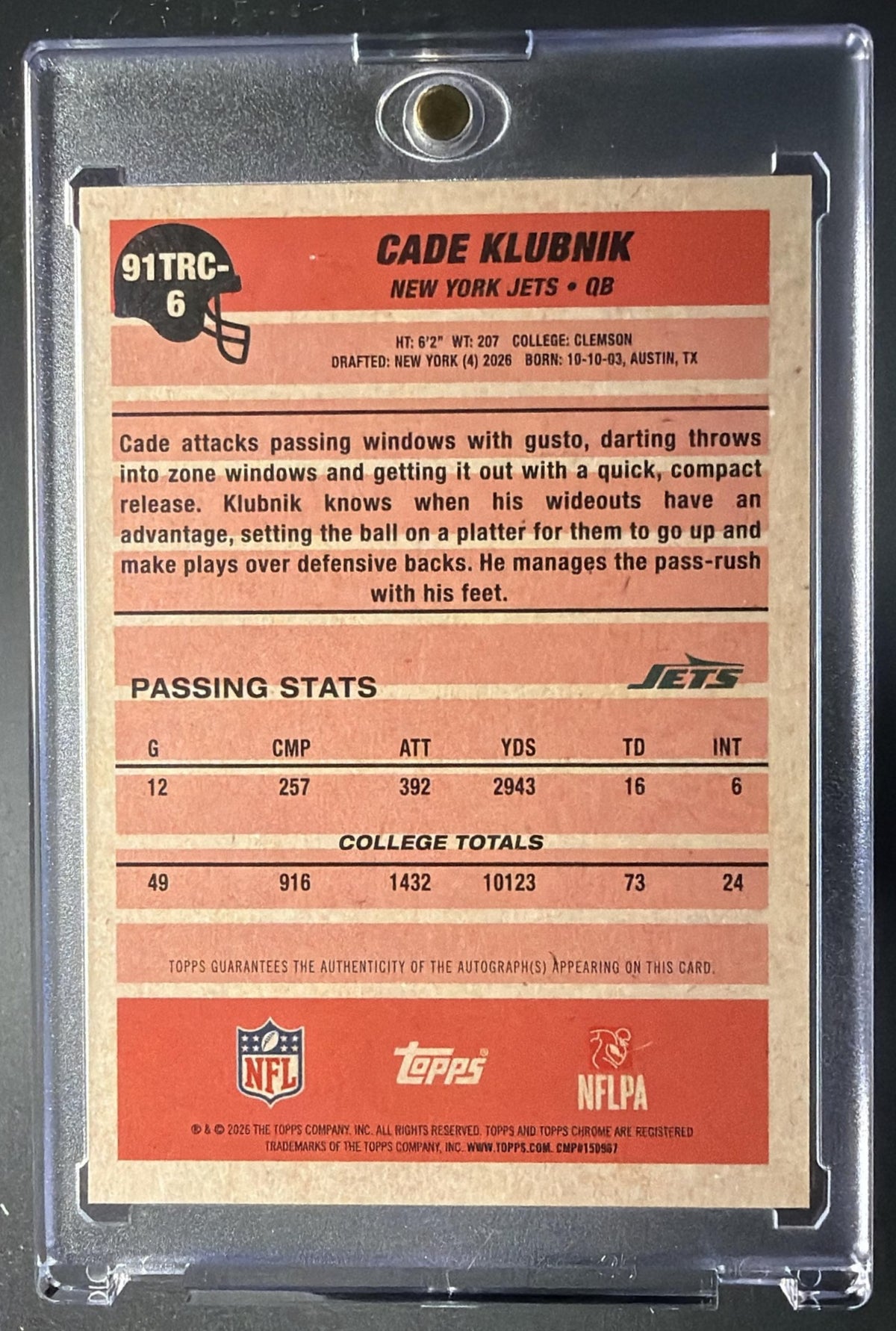 2026 Topps Cade Klubnik #91TRC-6 1991 Chrome Rookie Silver Pack Auto Mojo Refractor RC