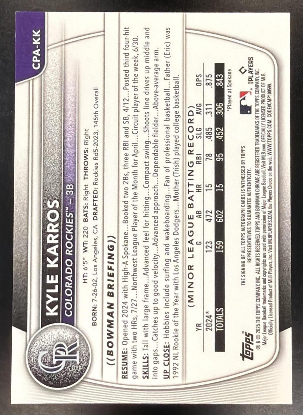 2025 Bowman Chrome Baseball Kyle Karros #CPA-KK 1st Yellow Refractor Auto 74/75