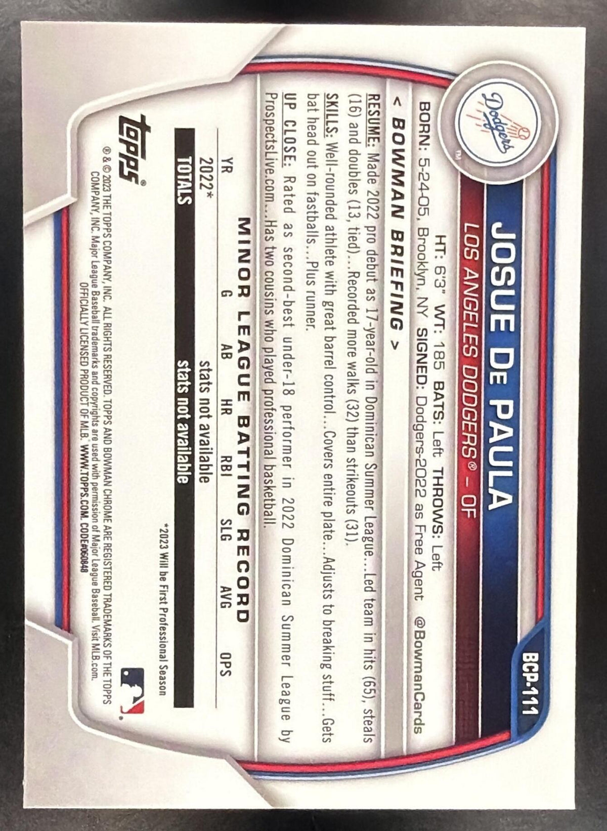 2023 Bowman Sapphire Josue De Paula #BCP-111 Chrome 1st Prospect