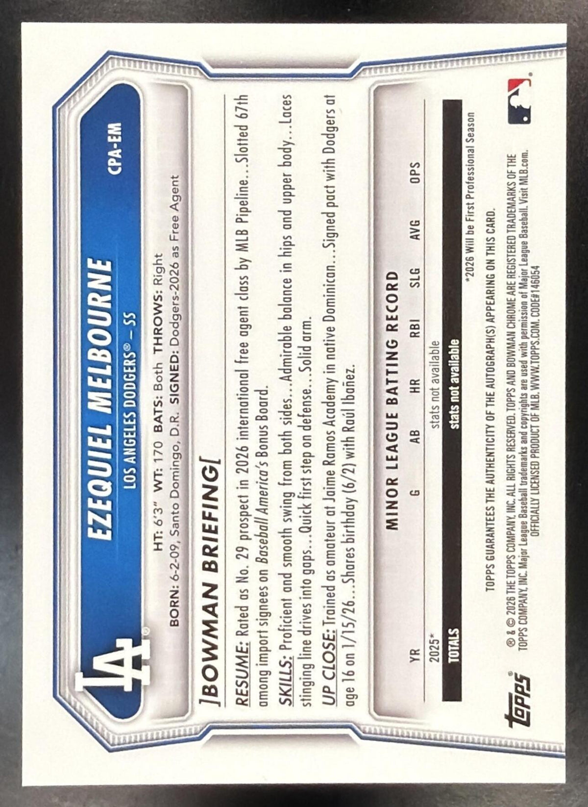 2026 Bowman Chrome Ezequiel Melbourne #CPA-EM Auto Blue Refractor 28/150 1st Prospect