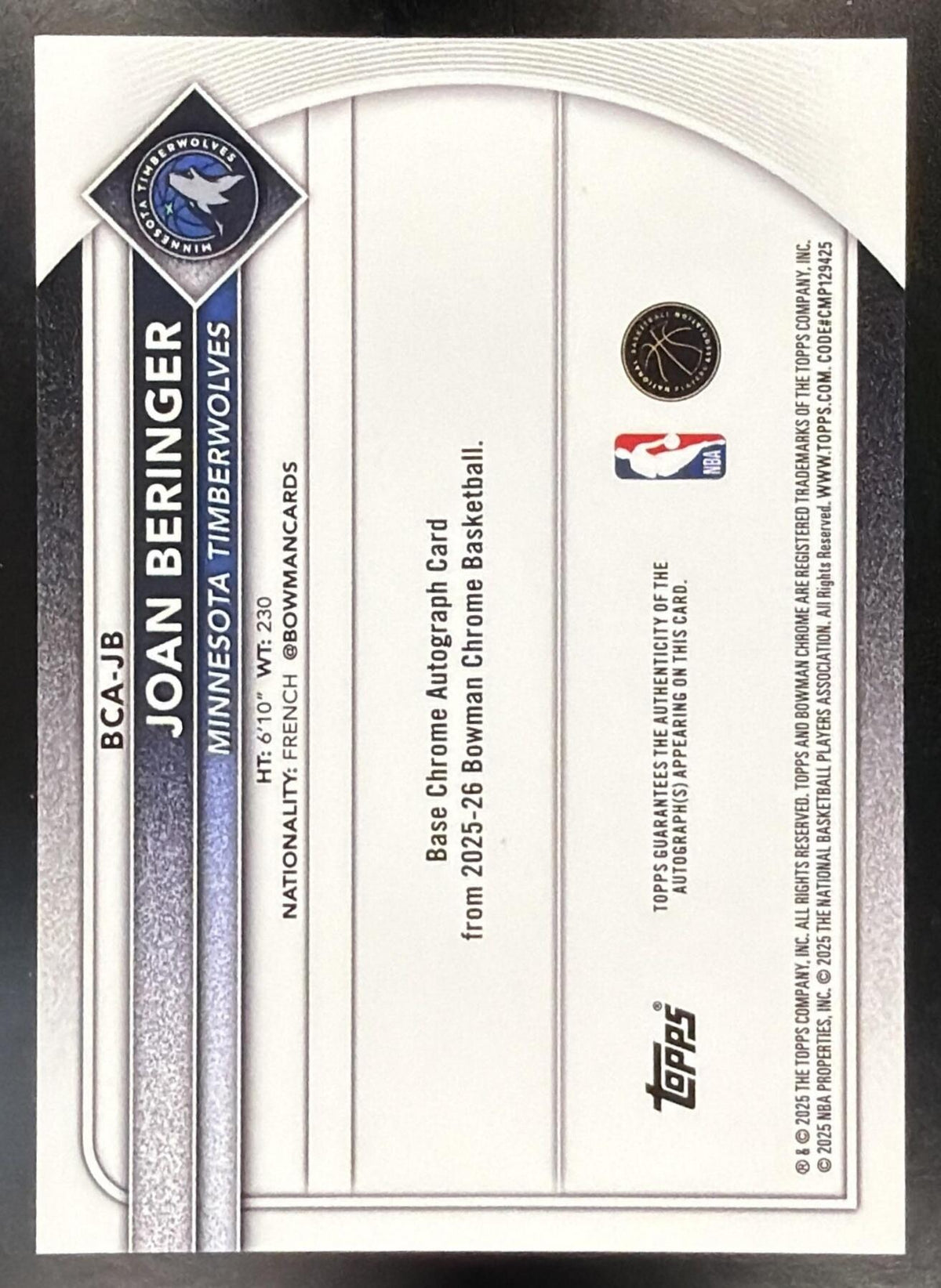 2025 Bowman Joan Beringer #BCA-JB Chrome Auto Blue Geometric Refractor 55/150 RC