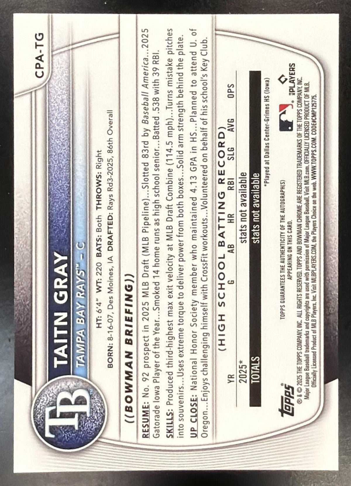 2025 Bowman Draft Taitn Gray #CPA-TG Chrome Auto 1st Prospect Rays