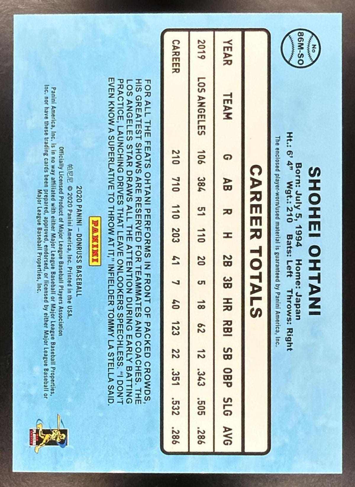 2020 Panini Donruss Shohei Ohtani #86M-SO Retro 1986 Materials MEM