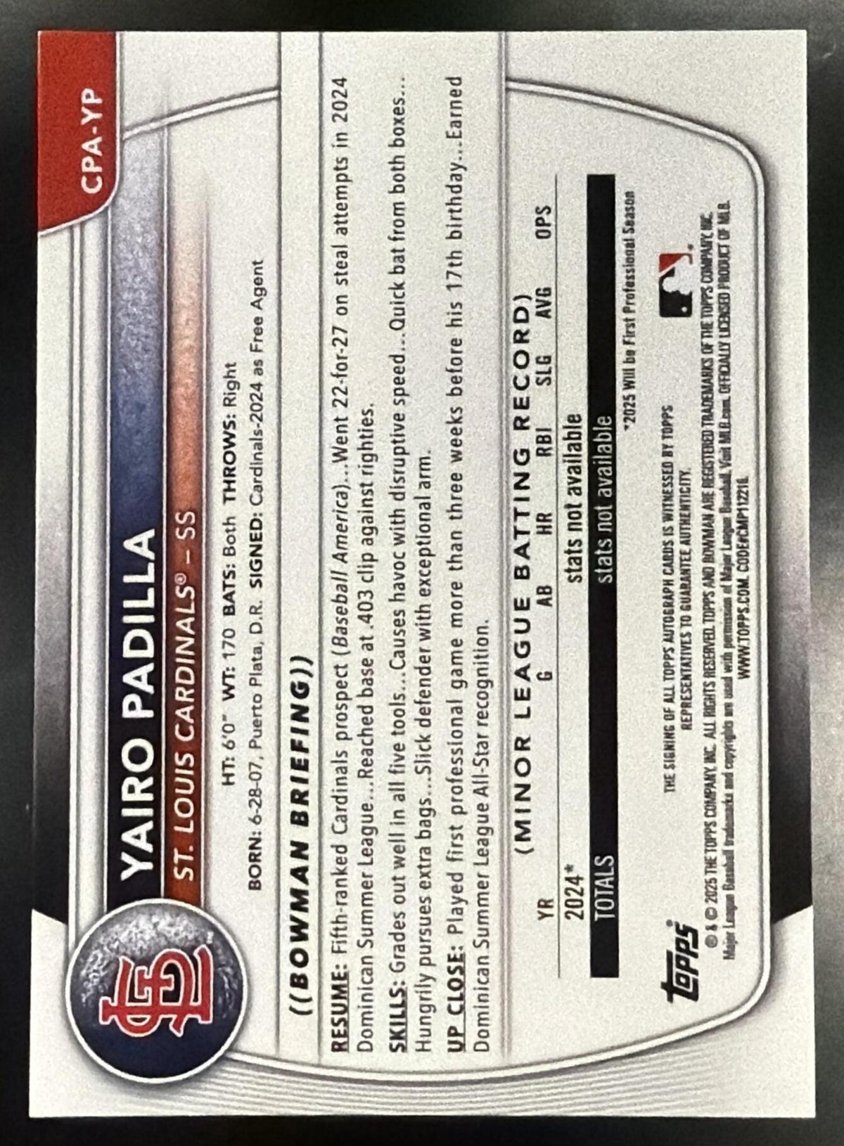 2025 Bowman Chrome Yairo Padilla #CPA-YP 1st Green Reptilian 06/99