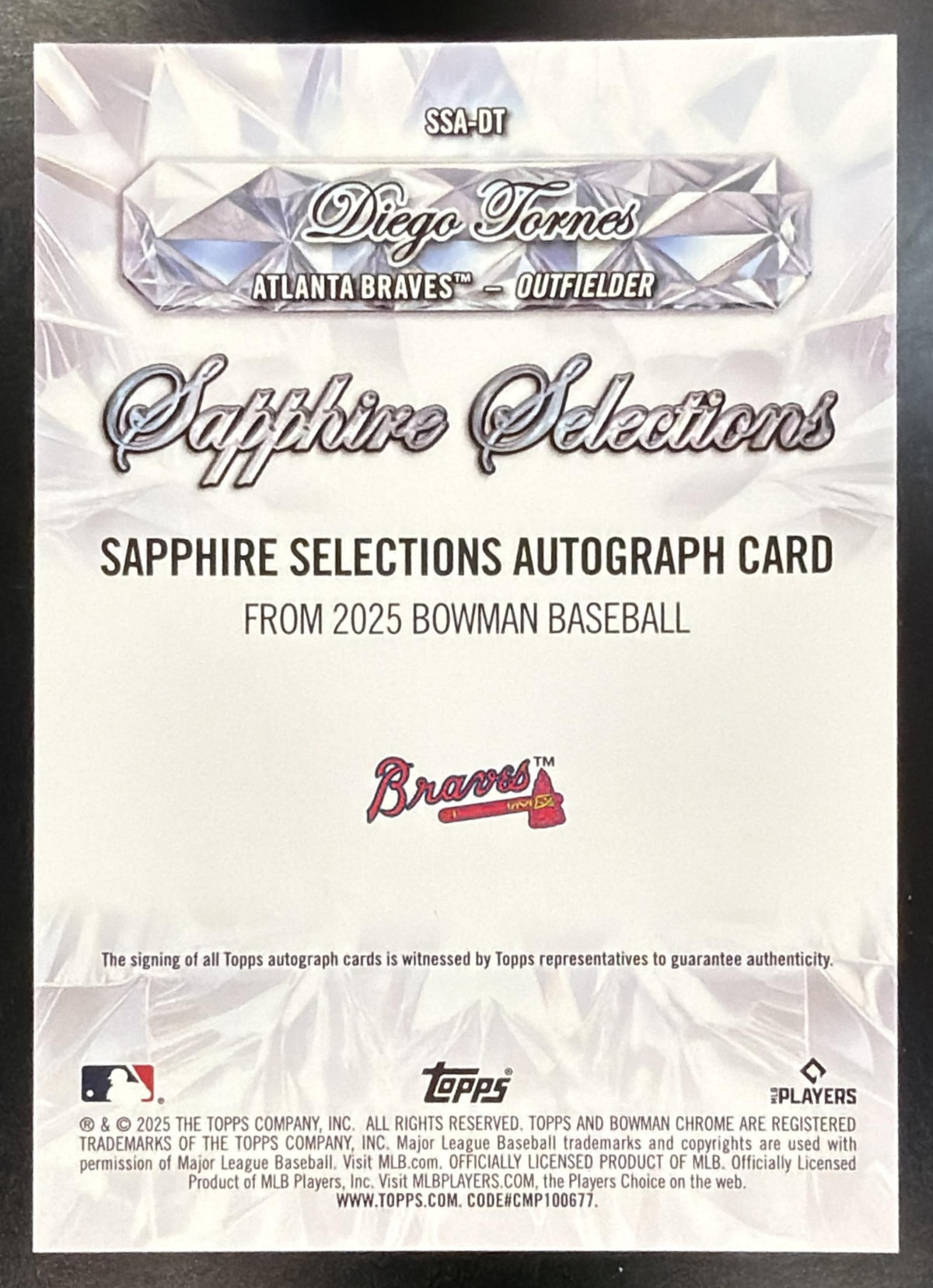 2025 Bowman Chrome Sapphire Diego Tornes #SSA-DT Selections Auto