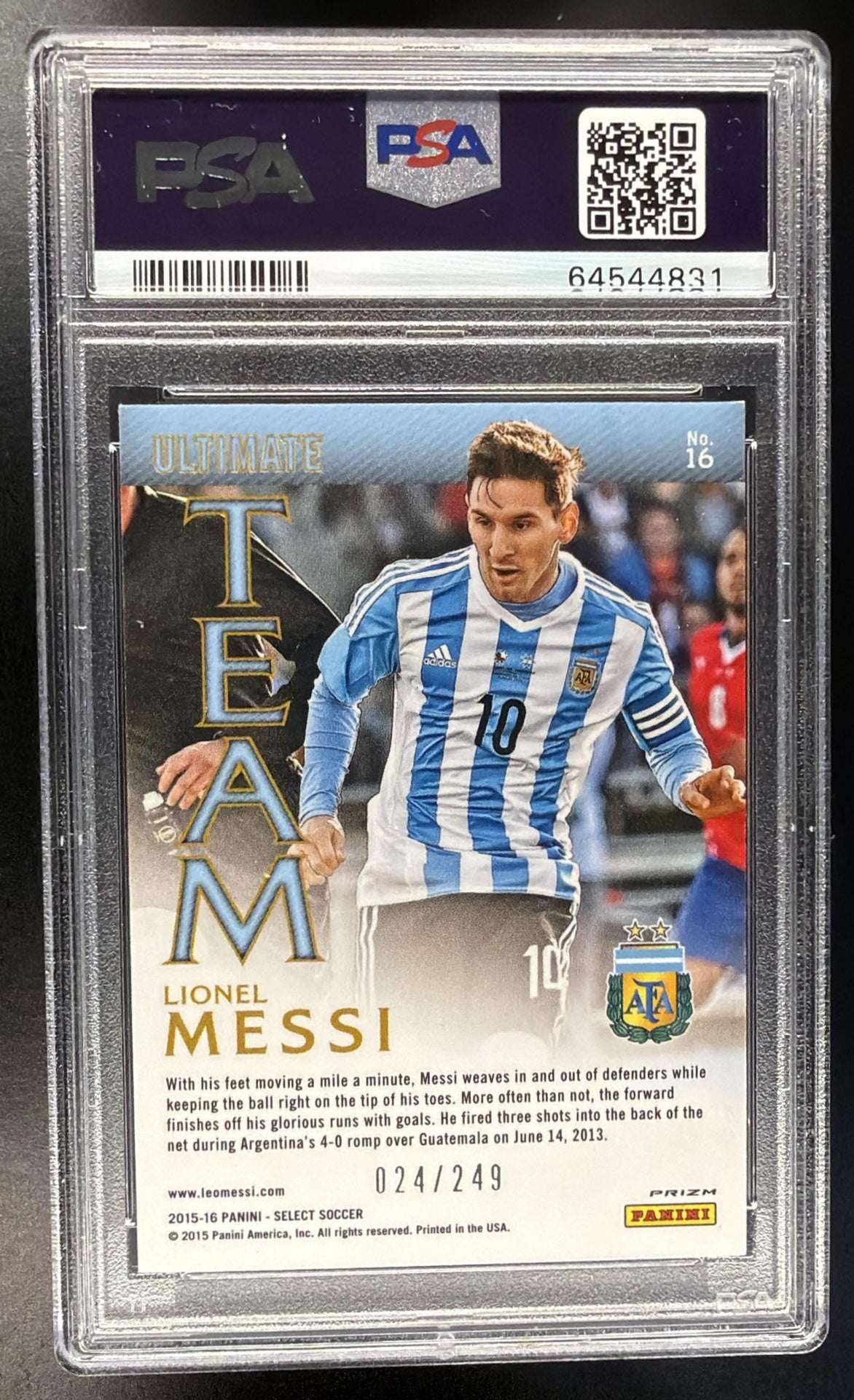 2015 Panini Select Lionel Messi #16 Ultimate Team Camo Prizm 24/249 PSA 10