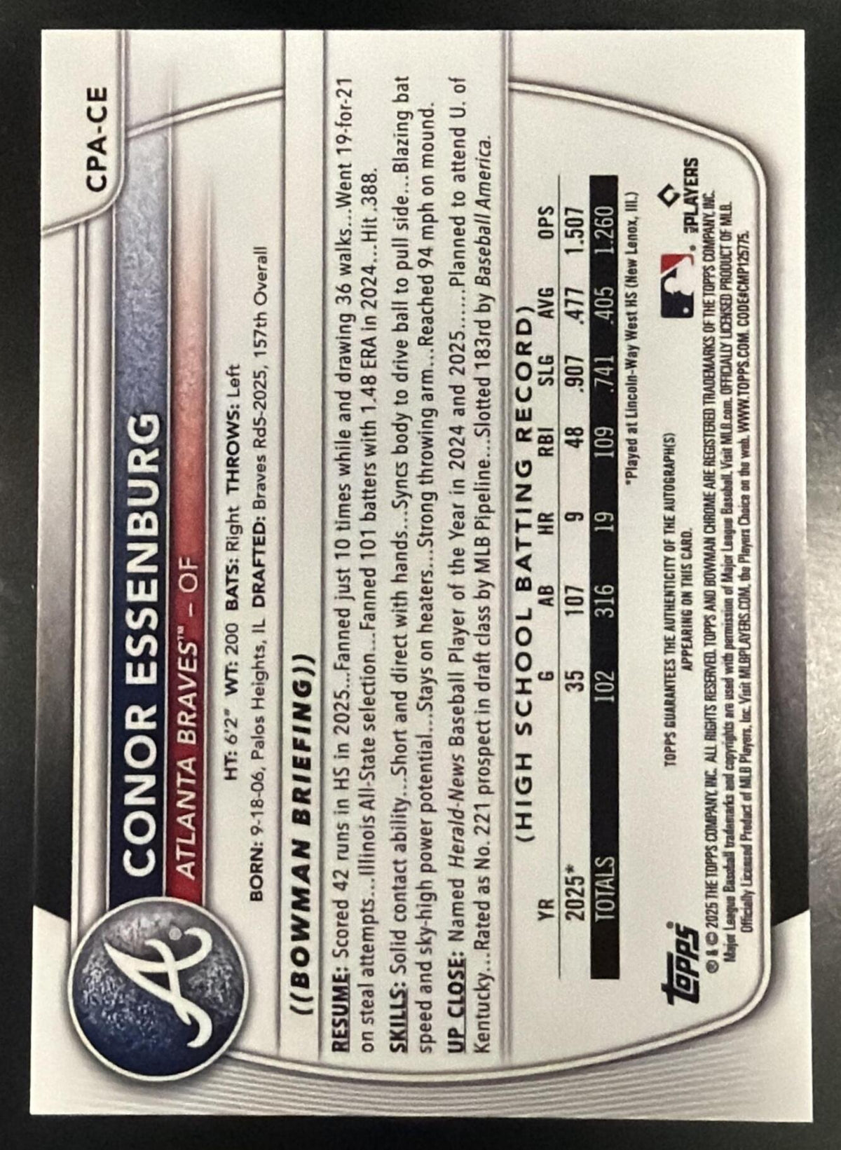 2025 Bowman Draft Conor Essenburg #CPA-CE Chrome Auto Aqua Lava Refractor 065/199 1st
