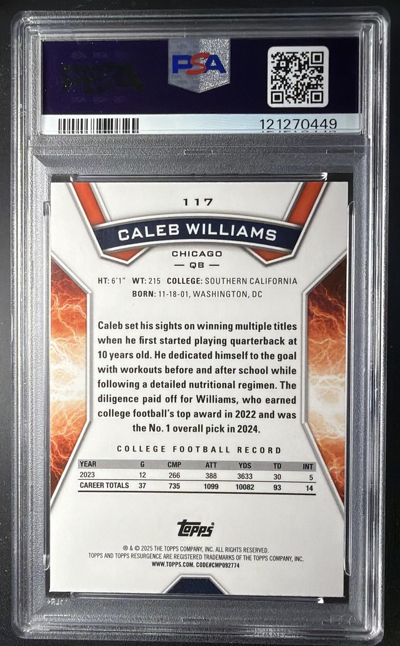 2024 Topps Resurgence Caleb Williams #117 Yellow Surge /225 RC PSA 9