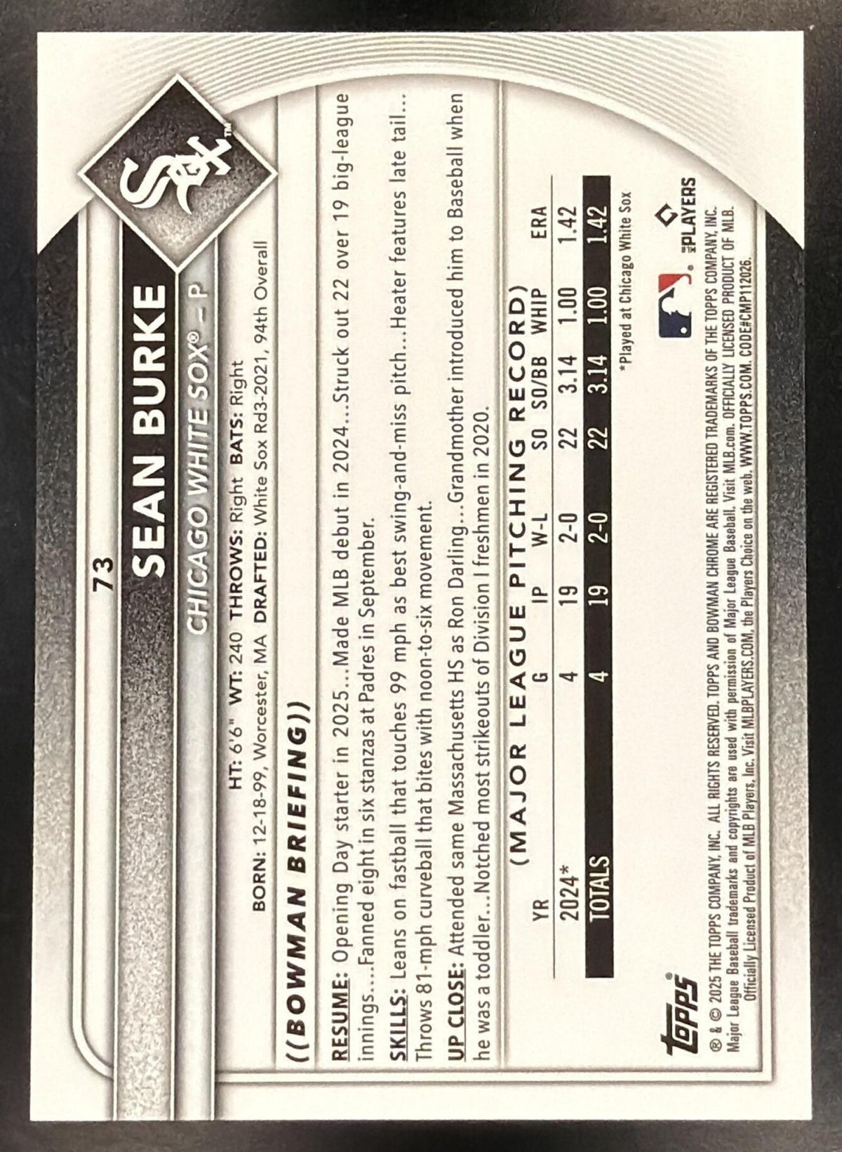 2025 Bowman Sapphire Baseball Sean Burke #73 Gold 24/50 RC