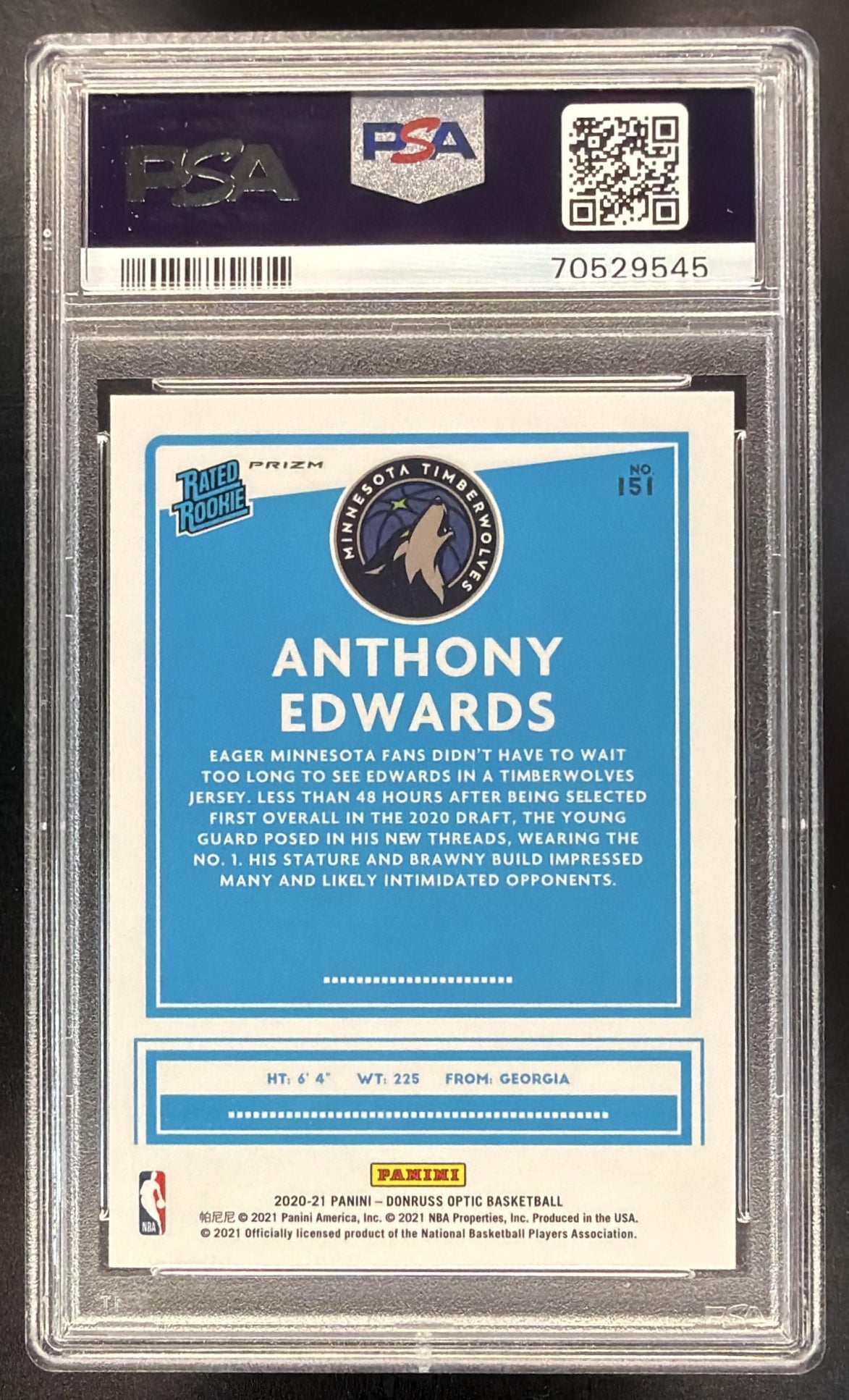 2020-21 Panini Donruss Optic Anthony Edwards #151 Red Wave Prizm RC PSA 10