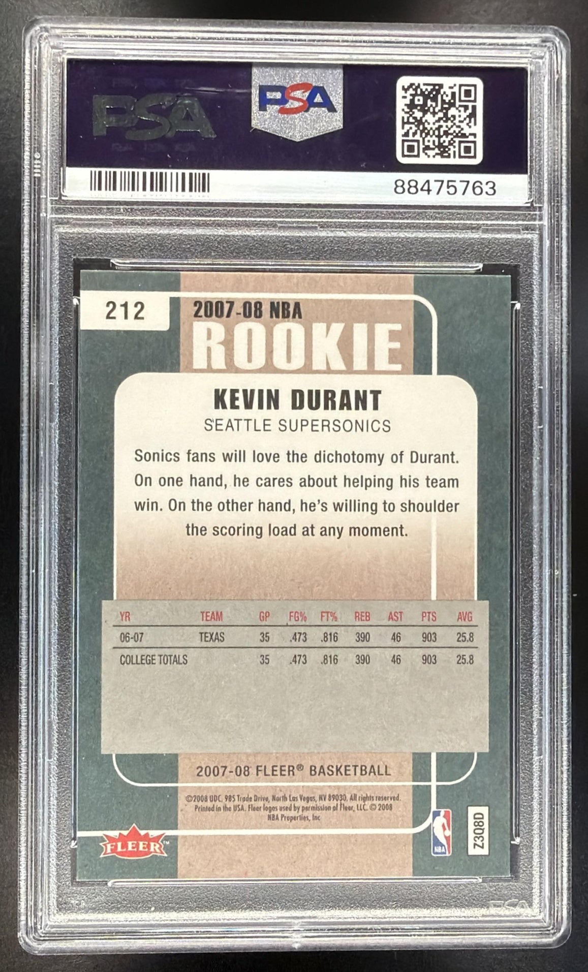 2007-08 Fleer Kevin Durant #212 RC PSA 10