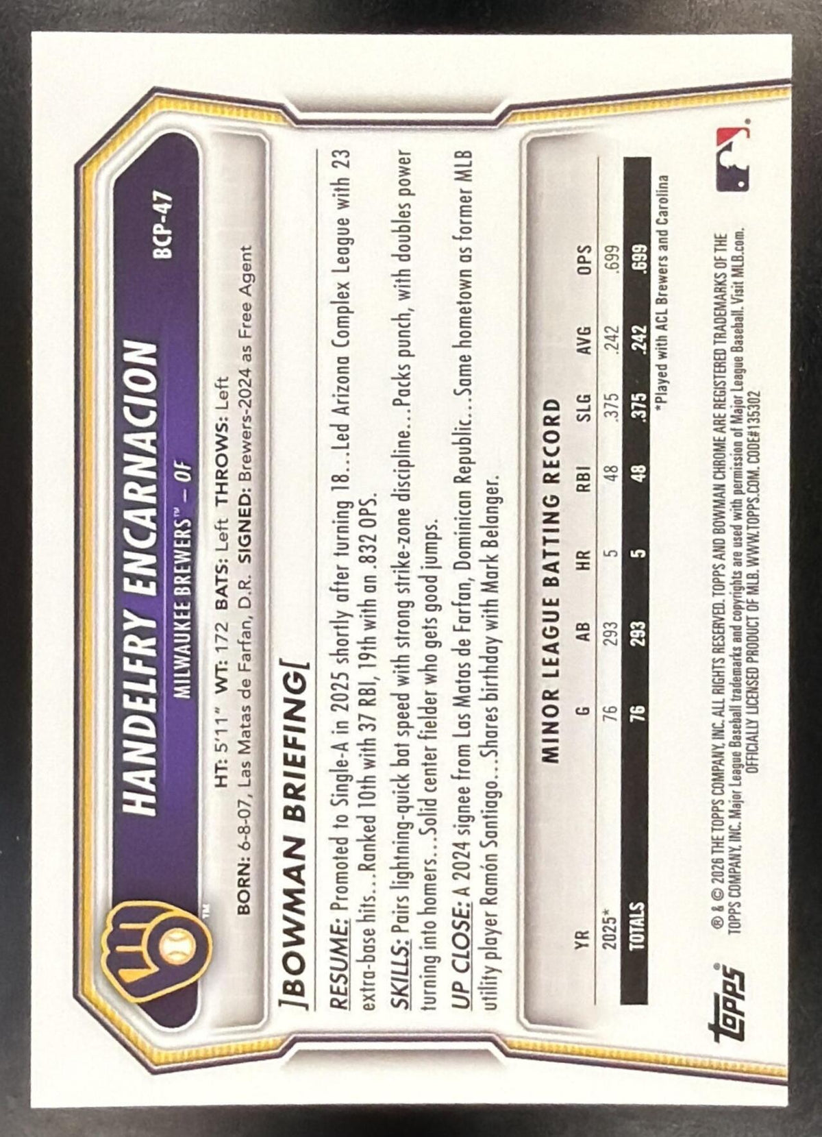 2026 Bowman Sapphire Handelfry Encarnacion #BCP-47 Chrome Orange Refractor 5/25 1st Prospect