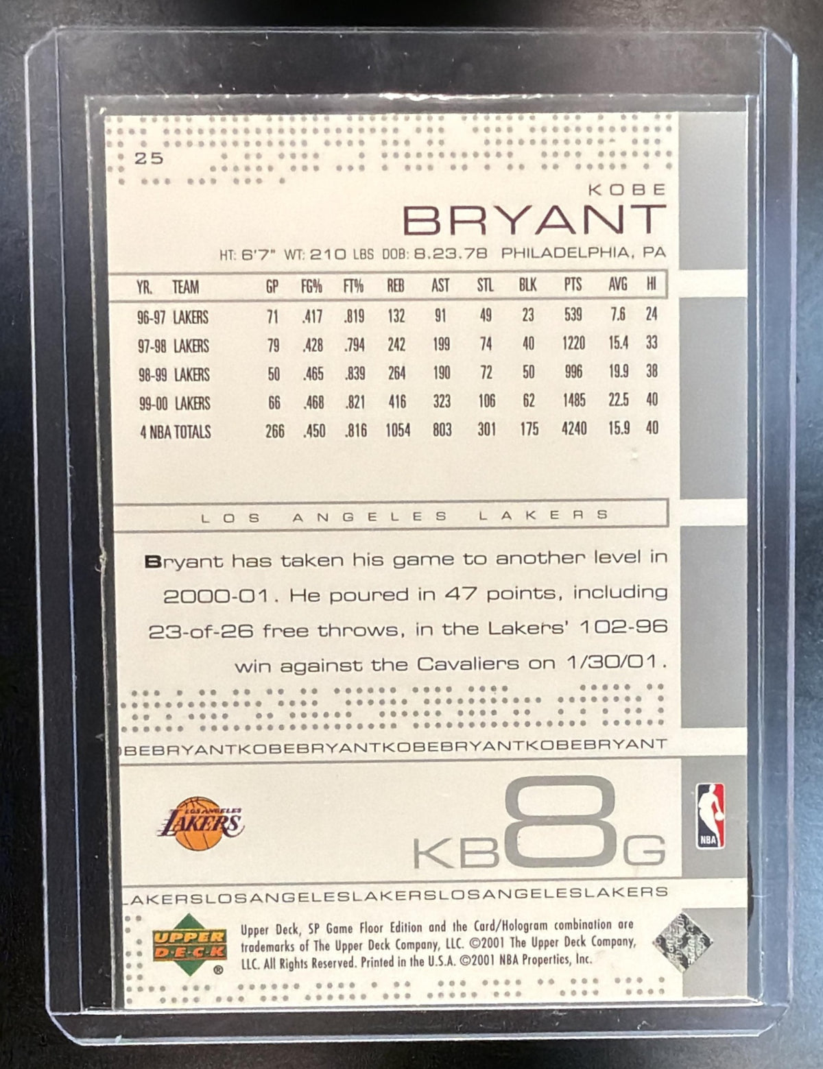 2000-01 Upper Deck SP Game Floor Edition Kobe Bryant #25 Lakers