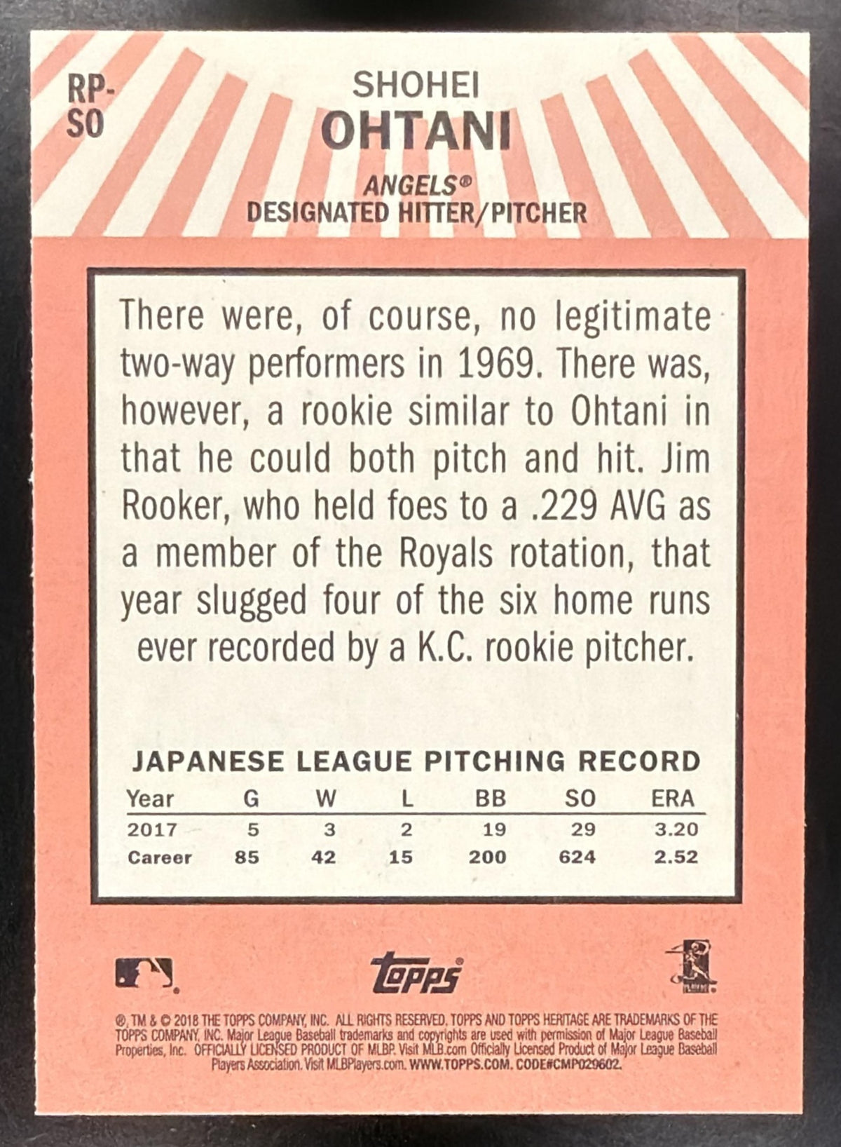 2018 Topps Heritage Shohei Ohtani #RP-SO Rookie Performers RC Angels