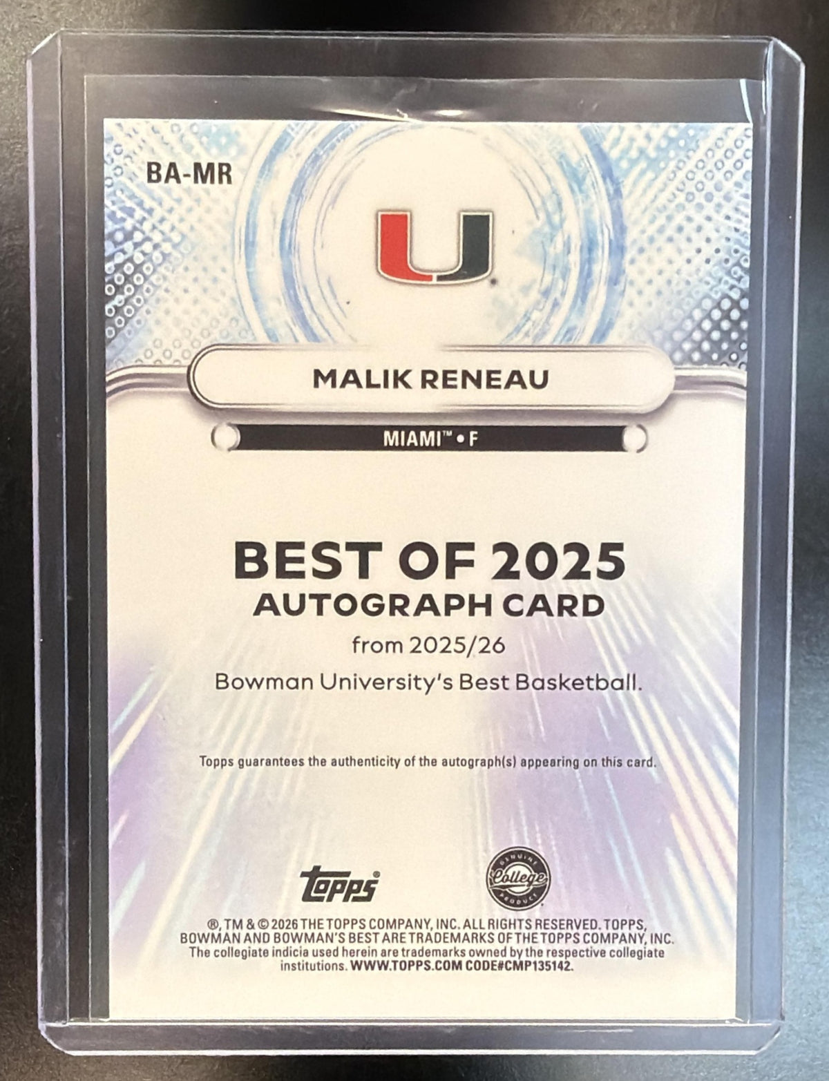 2026 Bowman Best University Malik Reneau #BA-MR Red Refractor Auto 3/5 Miami