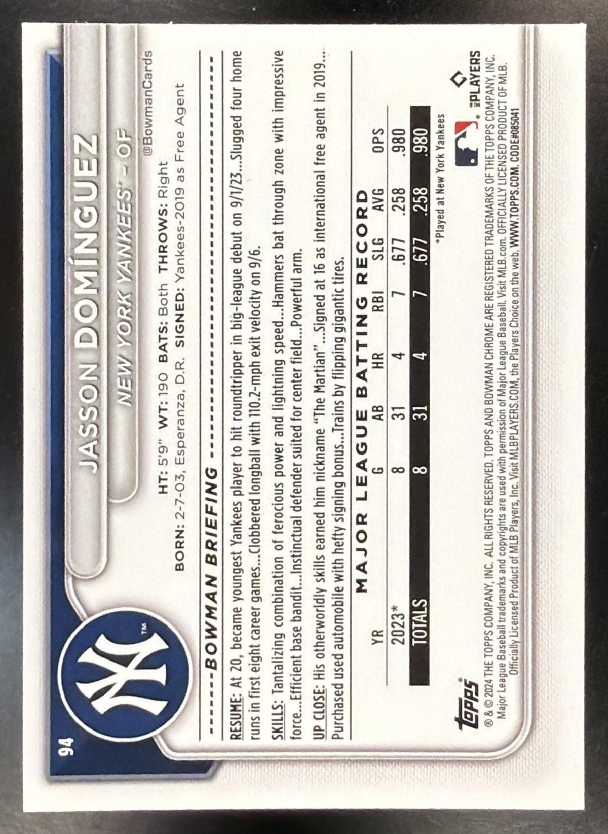2024 Bowman Chrome Sapphire Jasson Dominguez #94 Yellow 4/75 RC