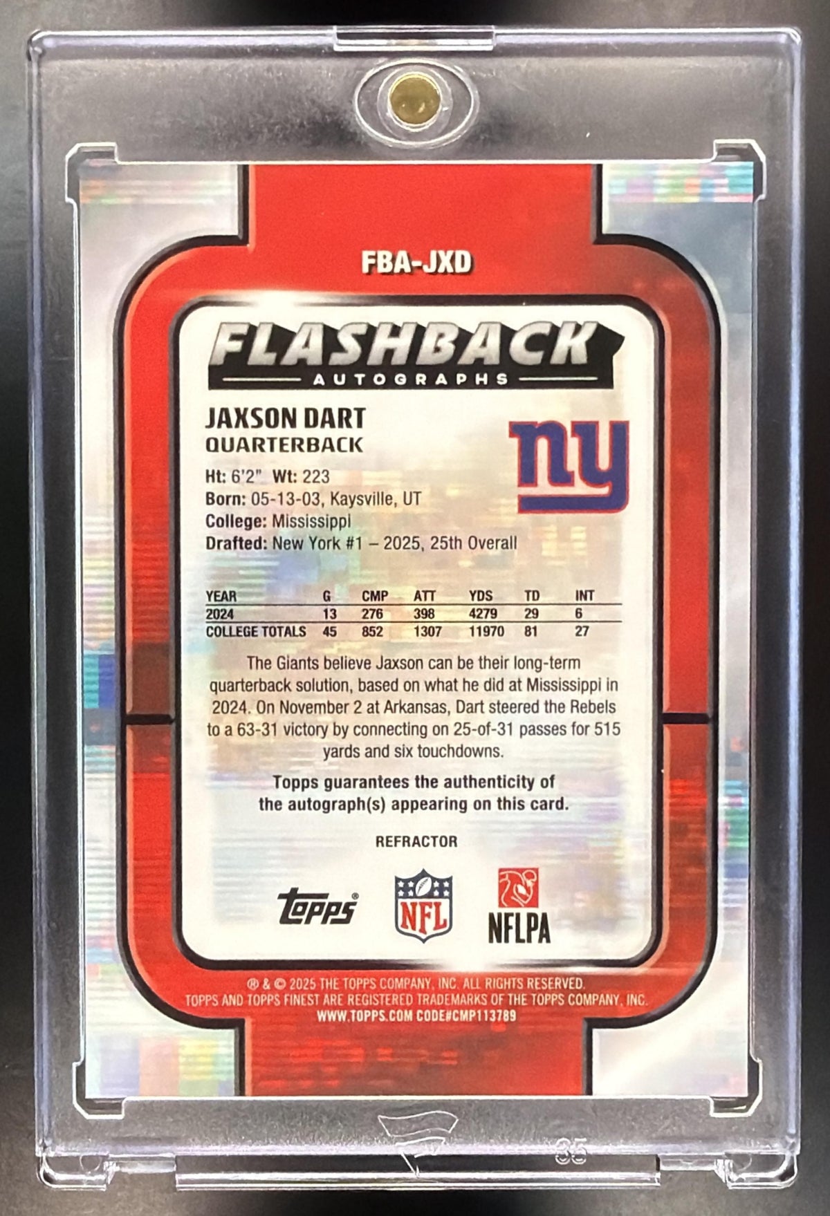 2025 Topps Finest Jaxson Dart #FBA-JXD Flashback Auto Refractor RC