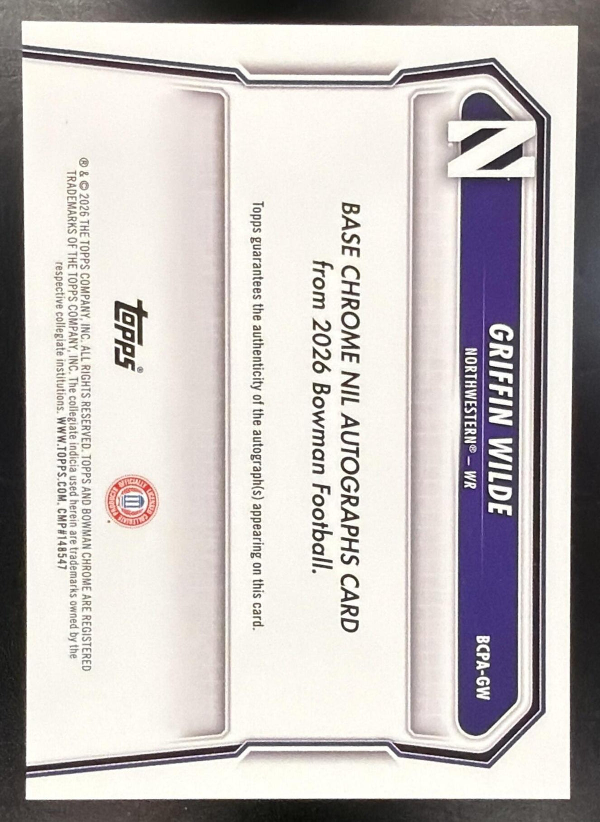 2026 Bowman Griffin Wilde #BCPA-GW Chrome Auto Gold Refractor 38/50 1st Prospect