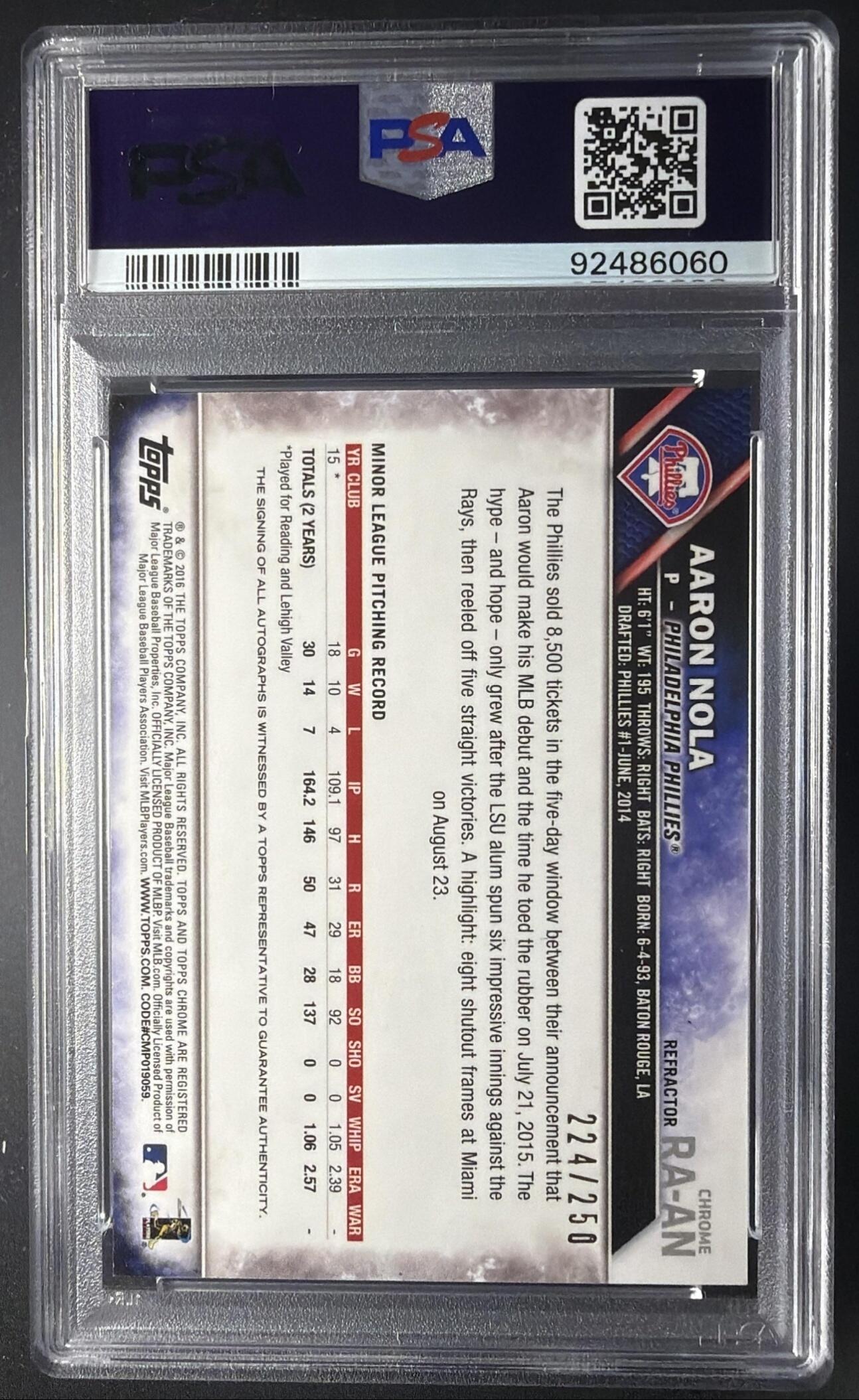 2016 Topps Chrome Aaron Nola #RA-AN Rookie Auto Purple Refractor /250 RC PSA 10