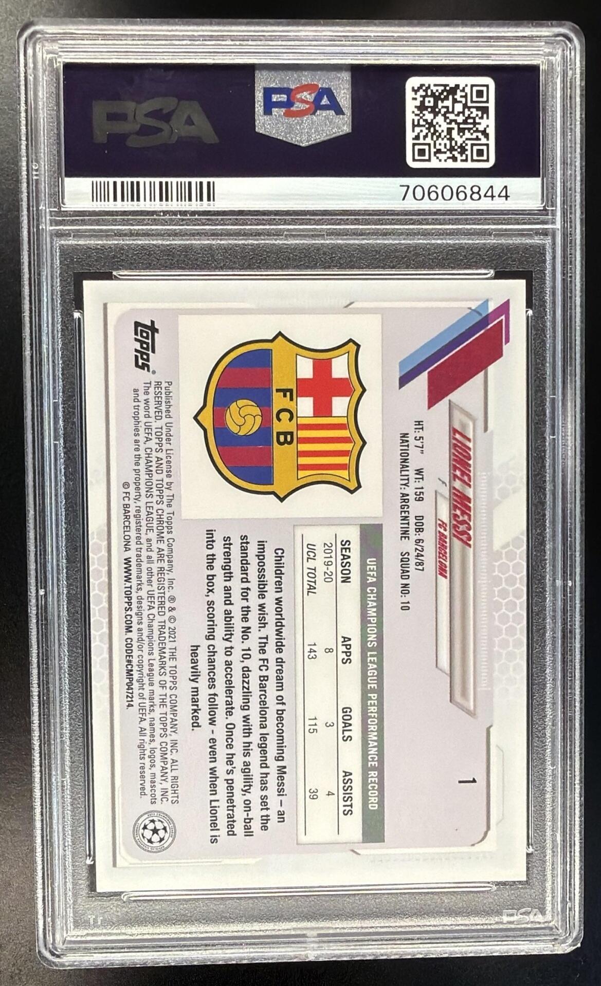 2020 Topps Chrome Sapphire UEFA Champions League Lionel Messi #1 PSA 10