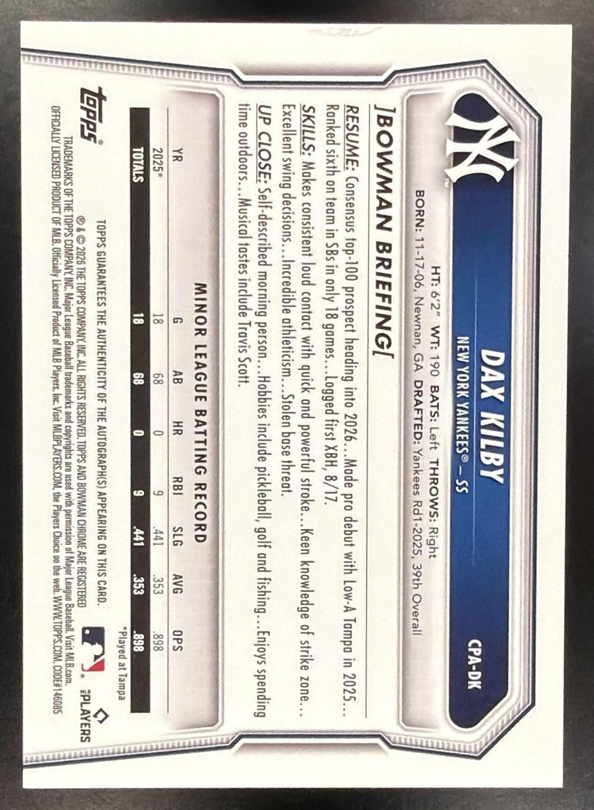 2026 Bowman Chrome Dax Kilby #CPA-DK Prospects Auto Green Refractor 79/99