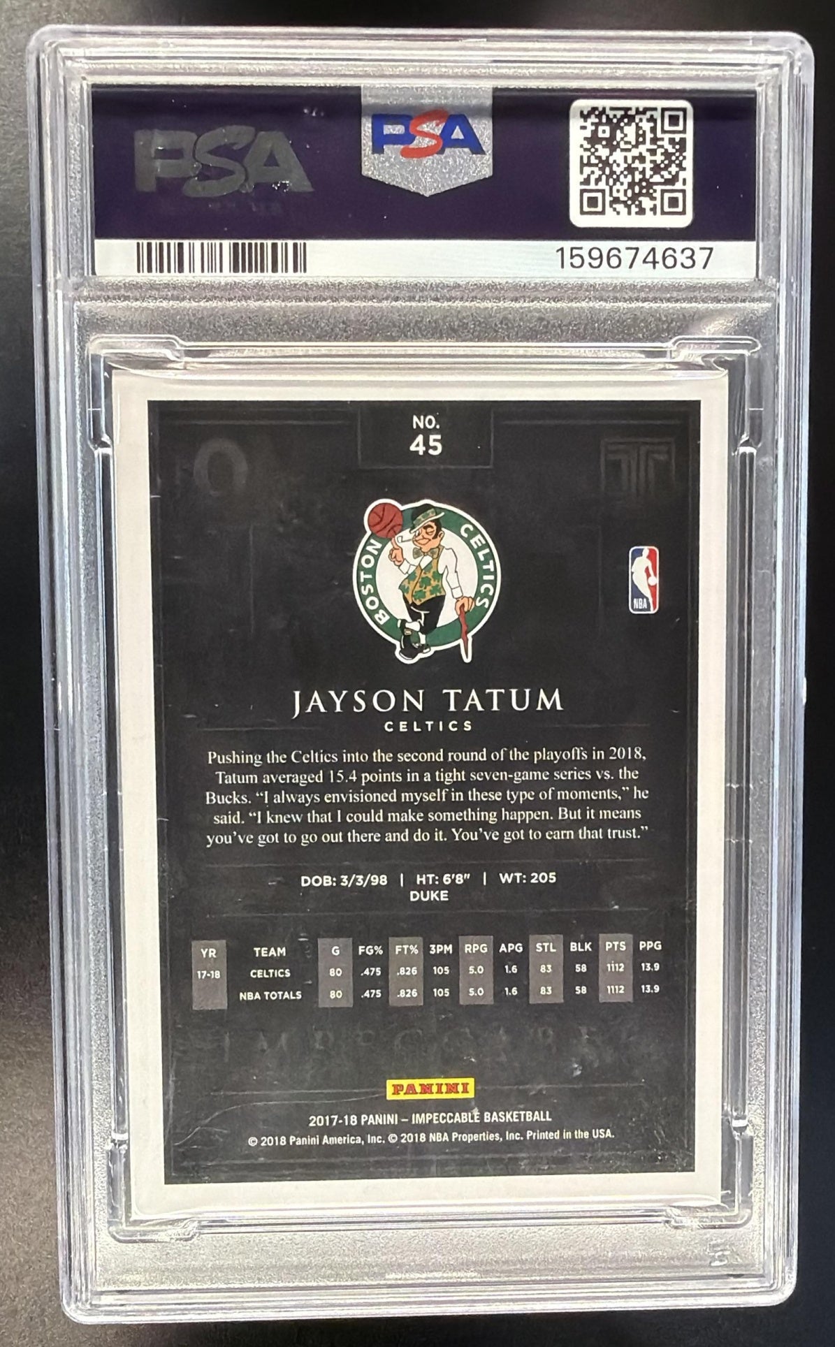 2017-18 Panini Impeccable Jayson Tatum #45 Holo Silver 16/49 RC PSA 9
