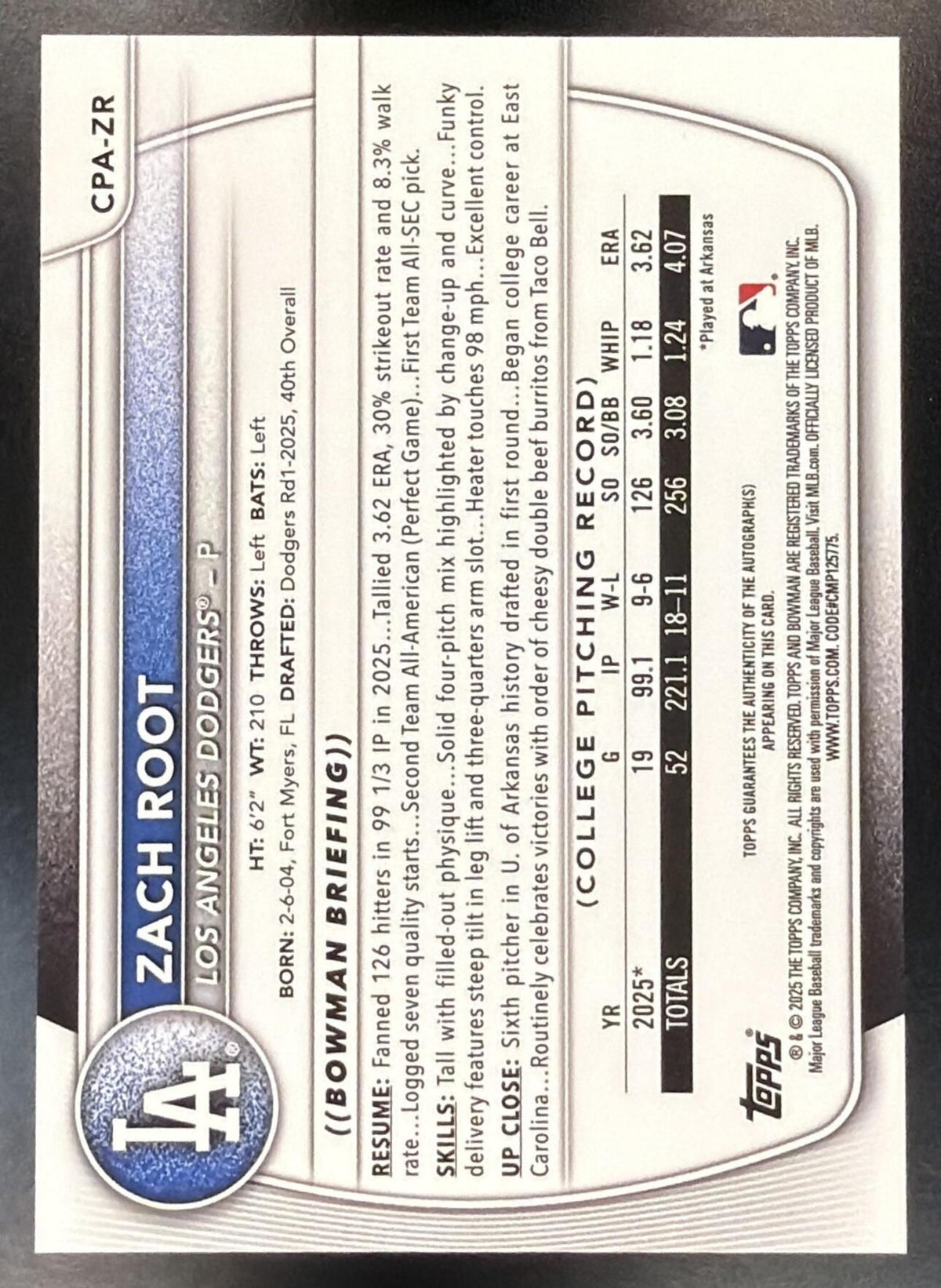 2025 Bowman Draft Zach Root #CPA-ZR Chrome Auto Green Refractor 15/99 1st