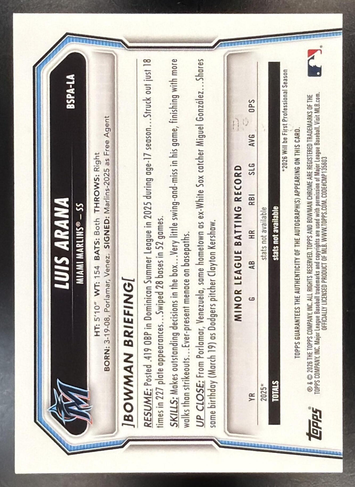 2026 Bowman Sapphire Luis Arana #BSPA-LA Chrome Auto 86/199 1st Prospect
