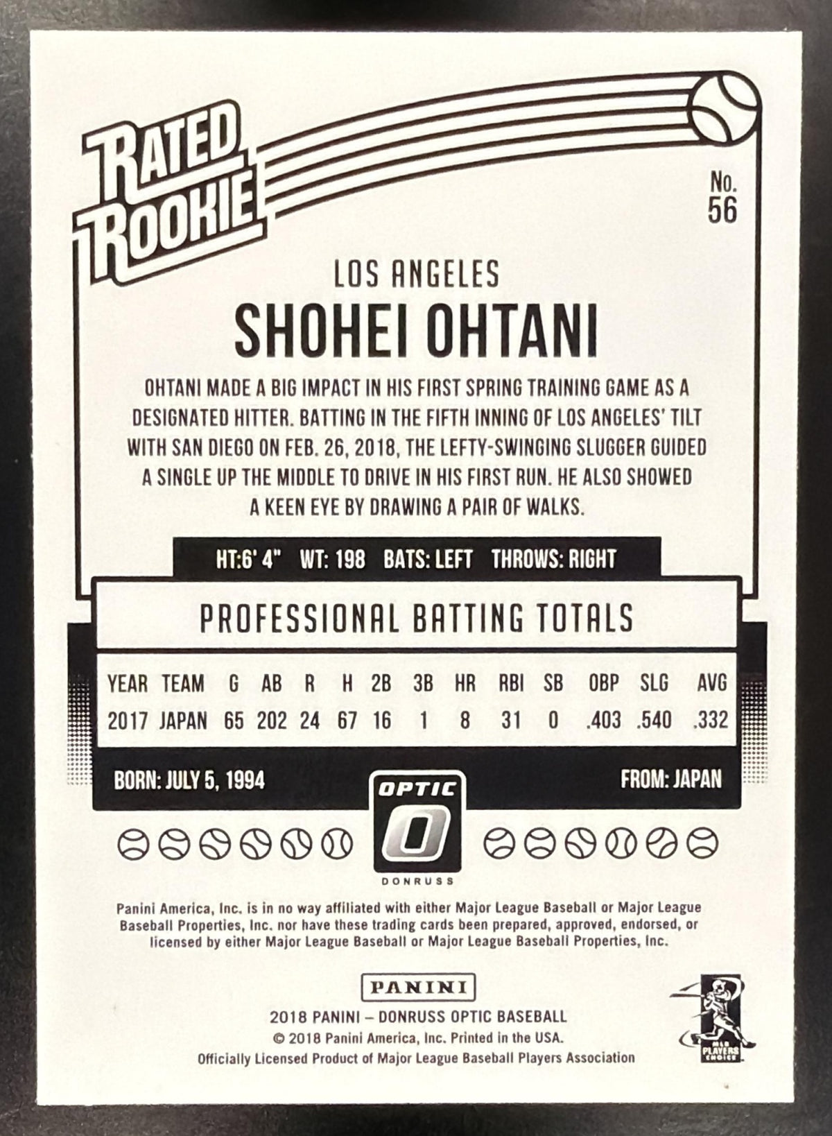 2018 Panini Donruss Optic Shohei Ohtani #56 RC Rated Rookie Angels