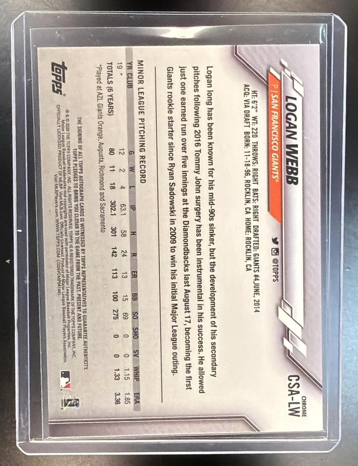 2020 Topps Chrome Sapphire Baseball Logan Webb #CSA-LW Auto RC