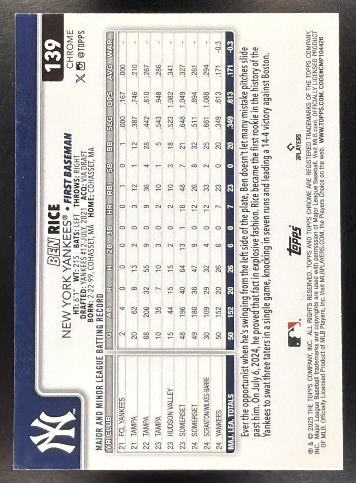 2025 Topps Chrome Sapphire Baseball Ben Rice #139 RC