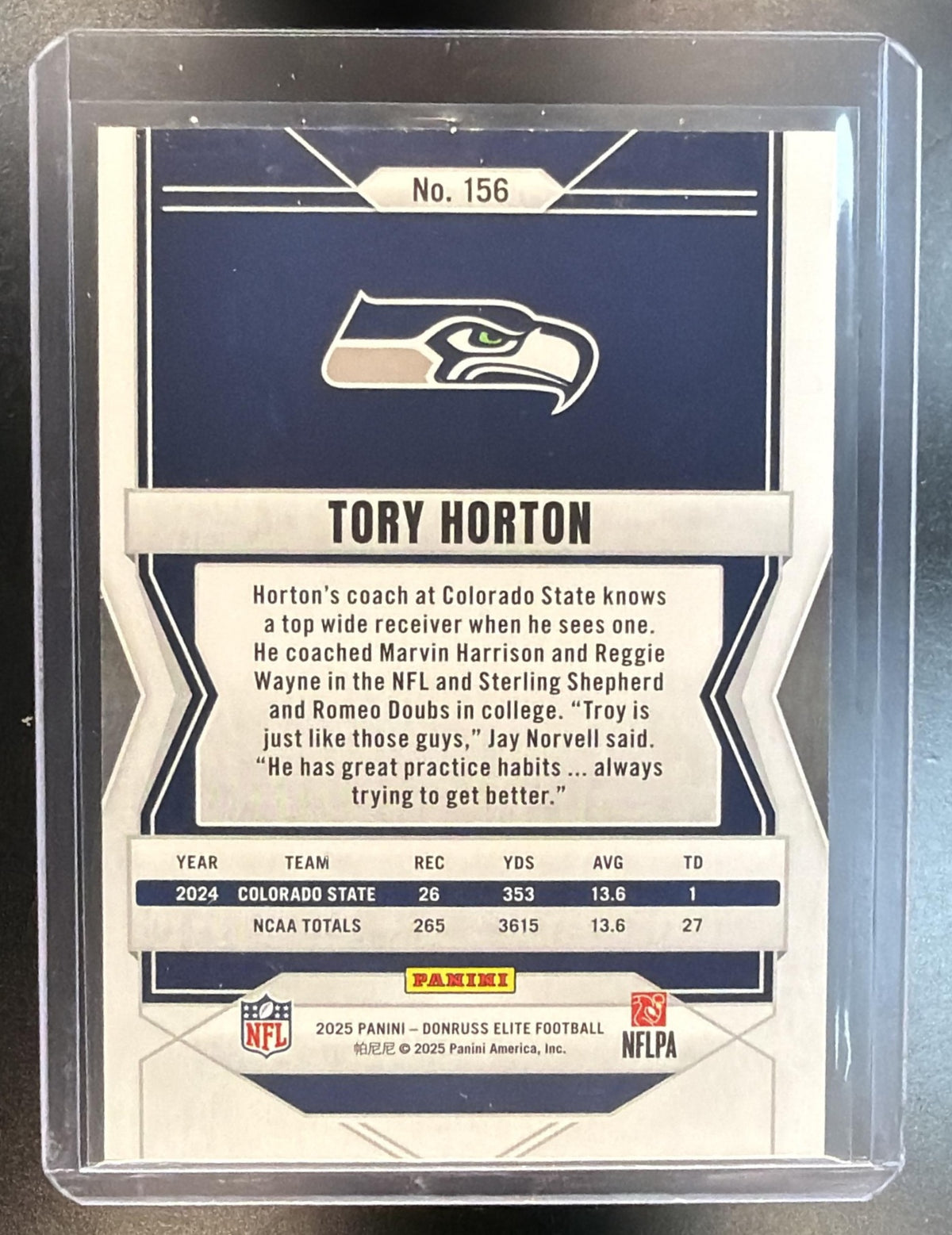 2025 Panini Donruss Elite Tory Horton #156 Green 07/15 RC Seahawks