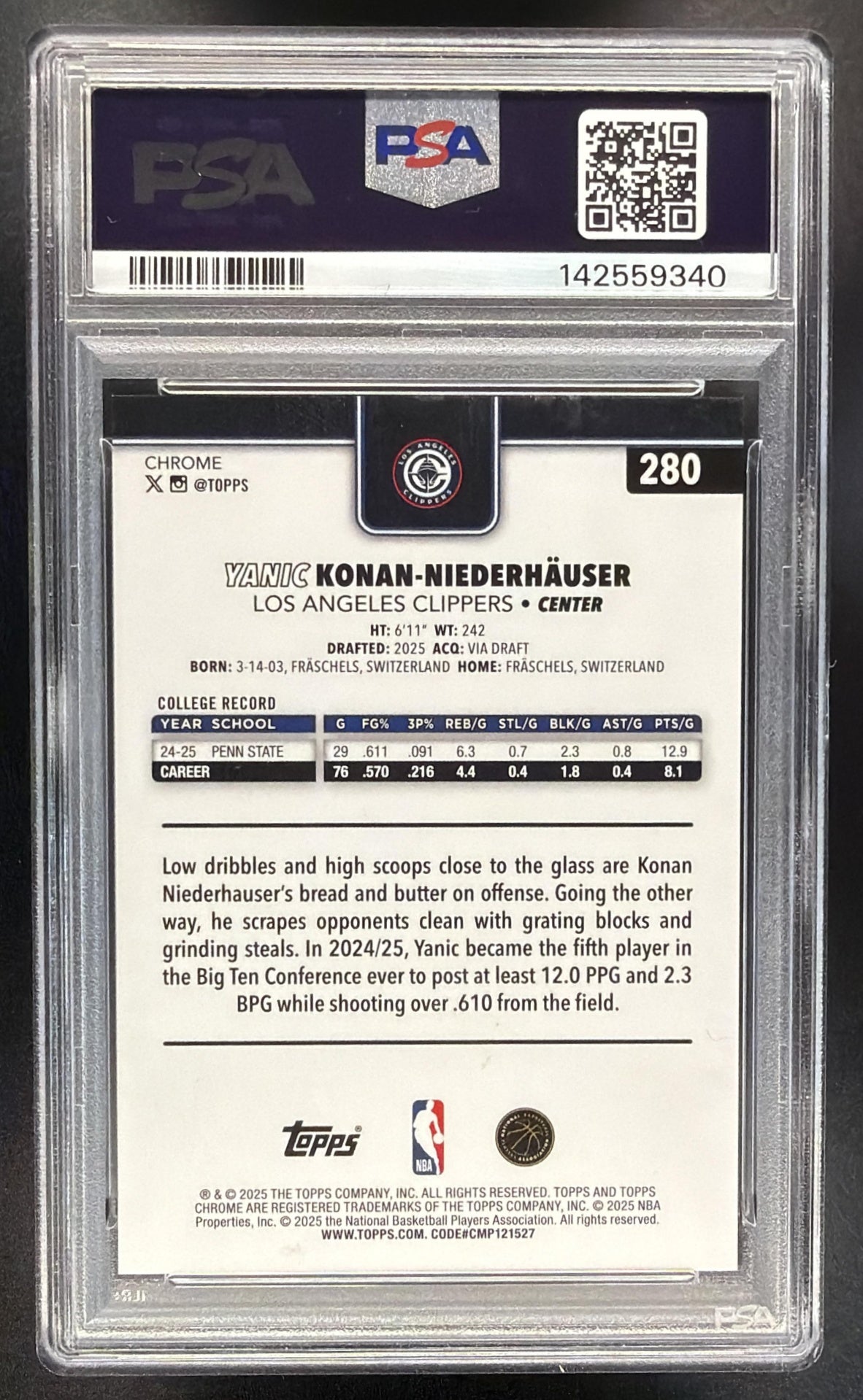 2025 Topps Chrome Yanic Konan-Niederhauser #280 Geometric Black Refractor /10 RC PSA 8