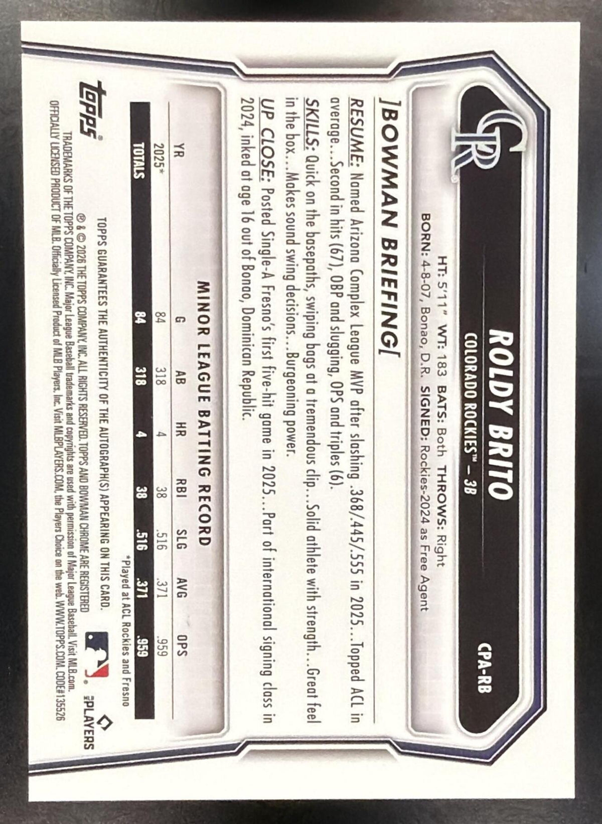 2026 Bowman Roldy Brito #CPA-RB Chrome Auto Green Lava Refractor /99 1st Prospect