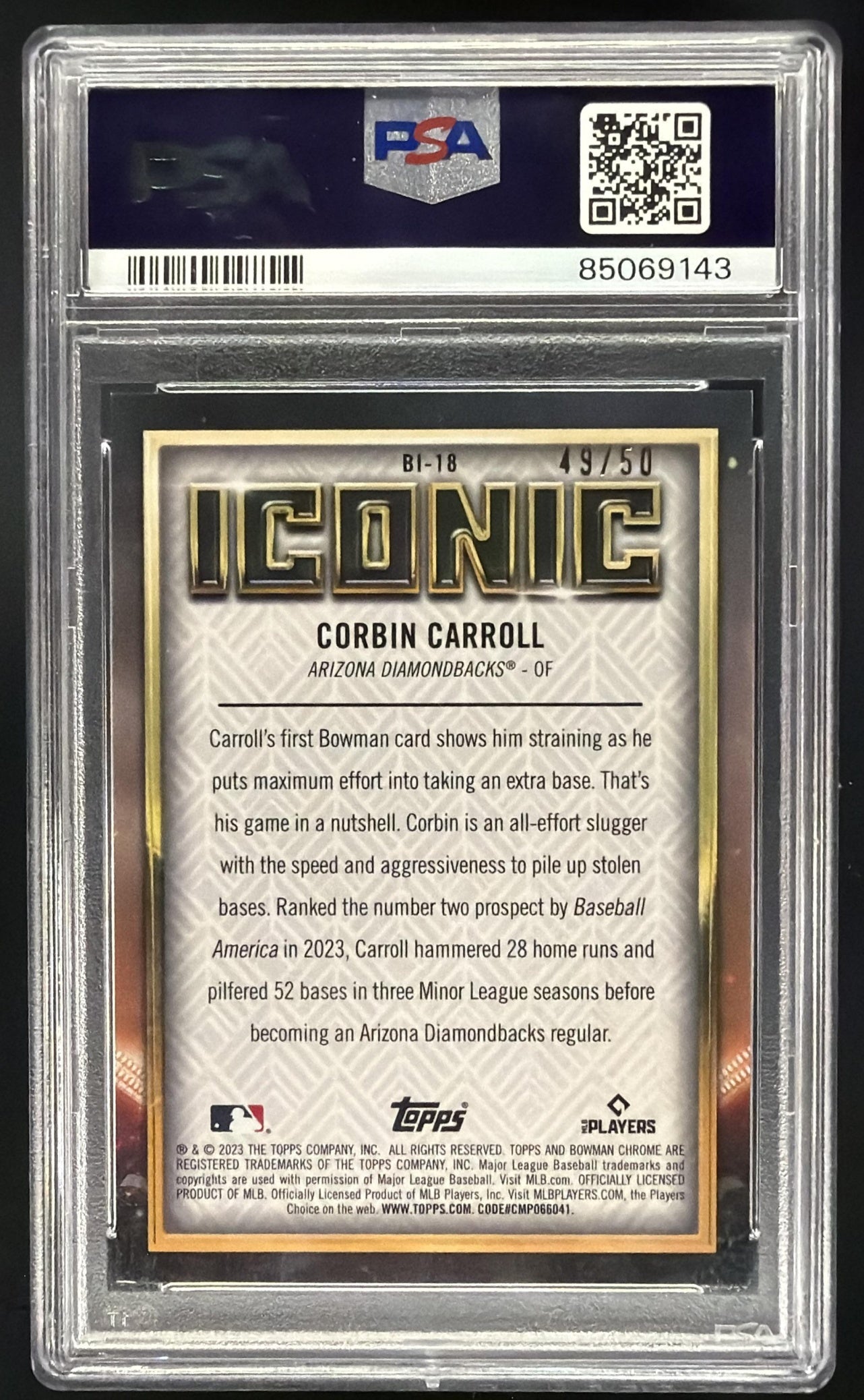 2023 Bowman Chrome Corbin Carroll #BI-18 Iconic Mojo Gold Refractor /50 RC PSA 10
