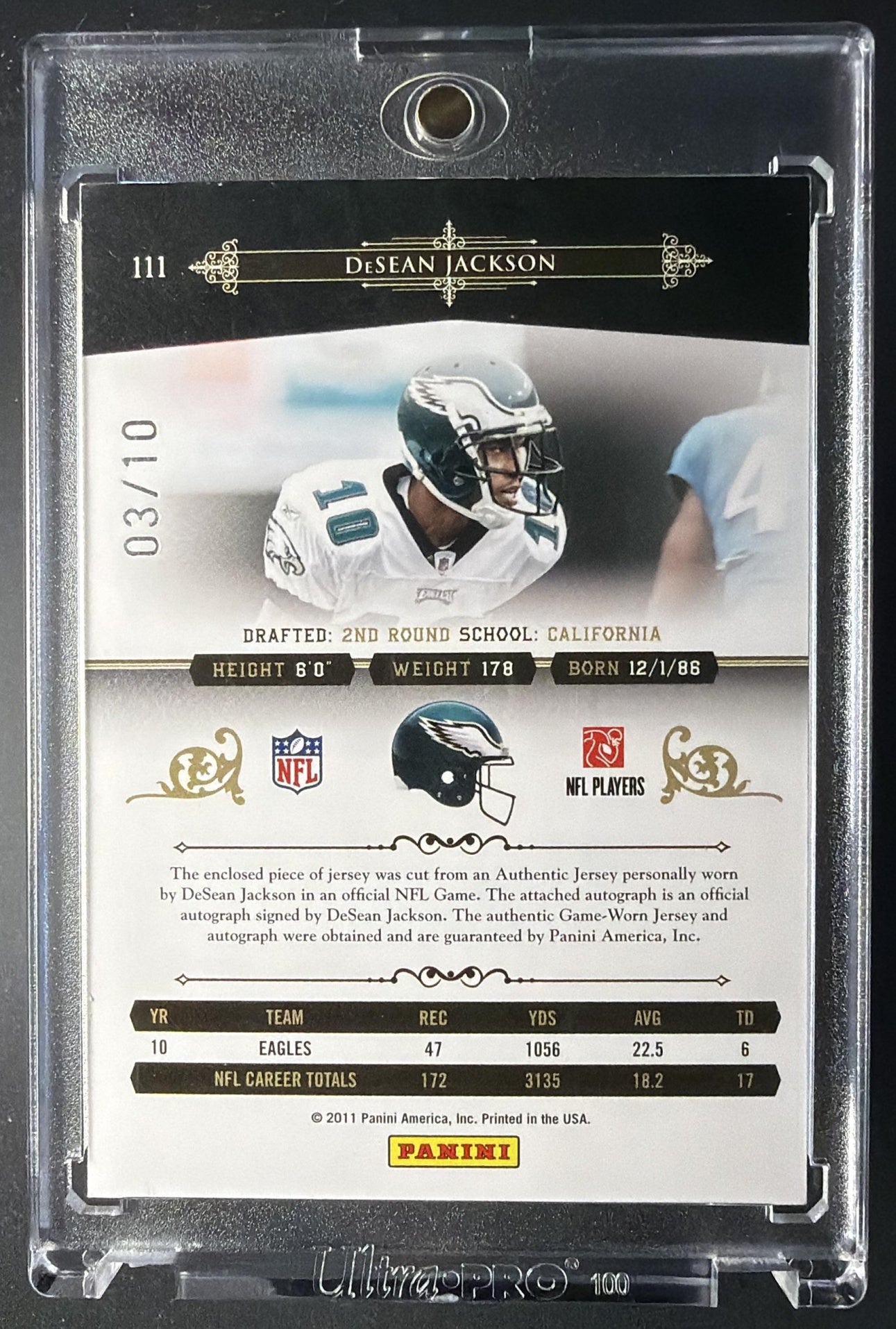 2011 Panini National Treasures DeSean Jackson Patch Auto /10